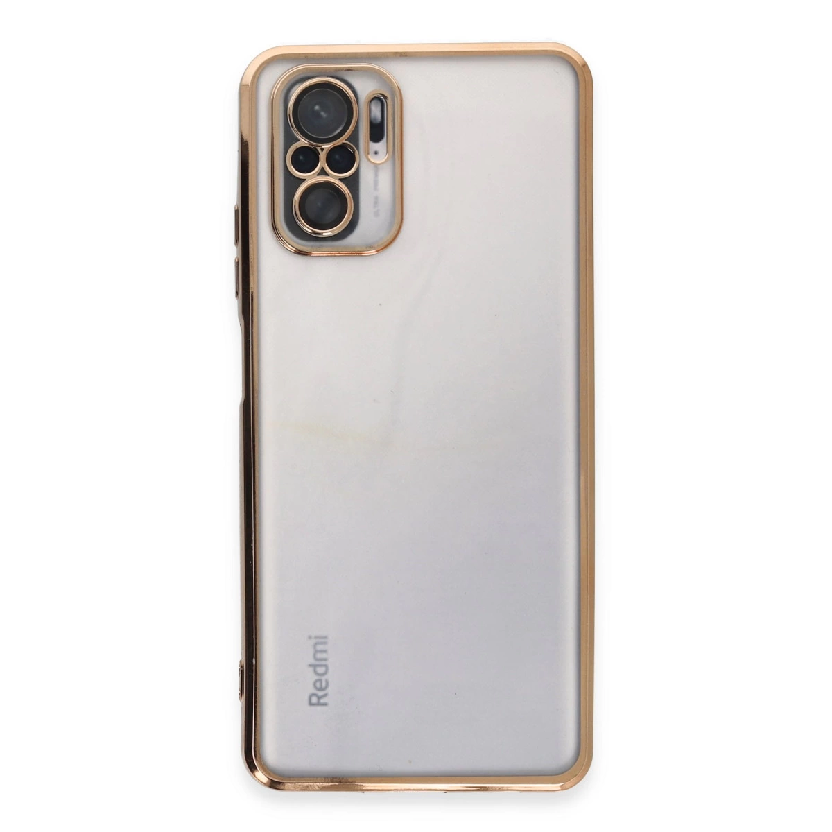 Üç kameralı, altın çerçeveli şeffaf telefonun arkası.