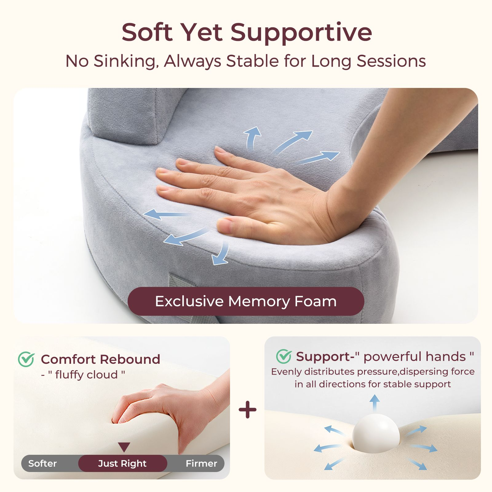 Une main appuie sur un coussin en mousse à mémoire de forme grise, montrant sa résilience.