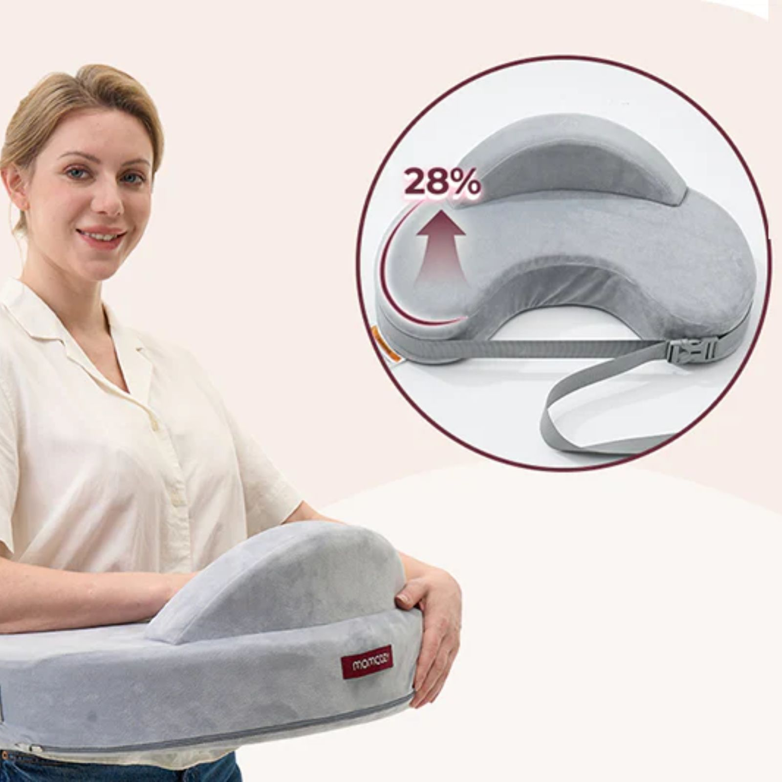 Une femme tient un coussin gris. Gros plan montre une augmentation de 28%.