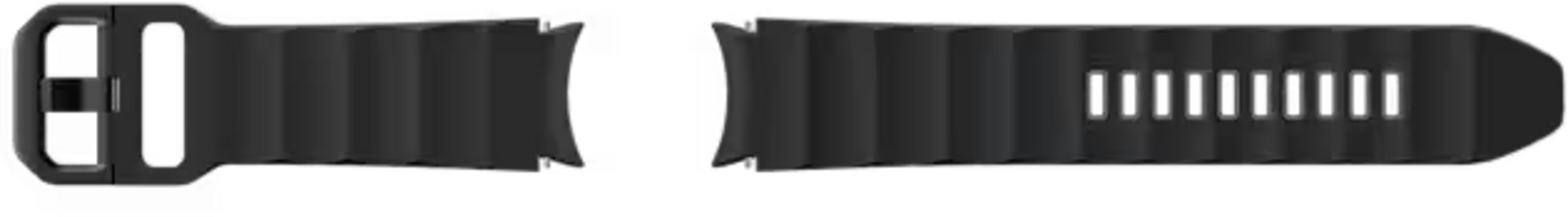 Ein schwarzes Armband für eine Smartwatch mit Schnalle und Lochung.