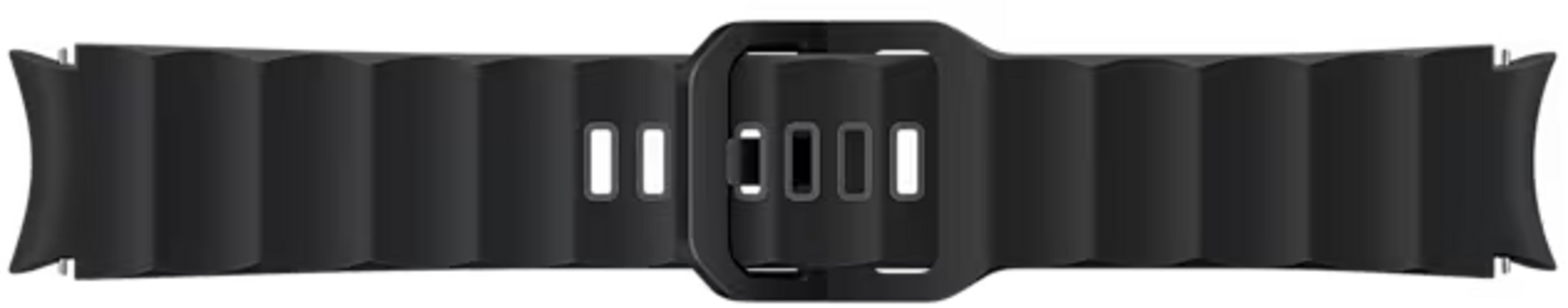 Ein schwarzes, geriffeltes Uhrenarmband mit einer Schnalle.