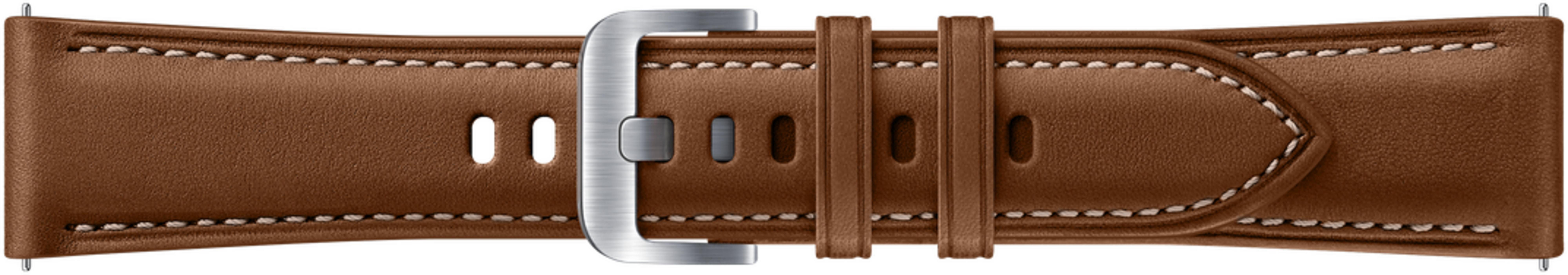 Cinturino in pelle marrone con fibbia argentata e cuciture bianche.