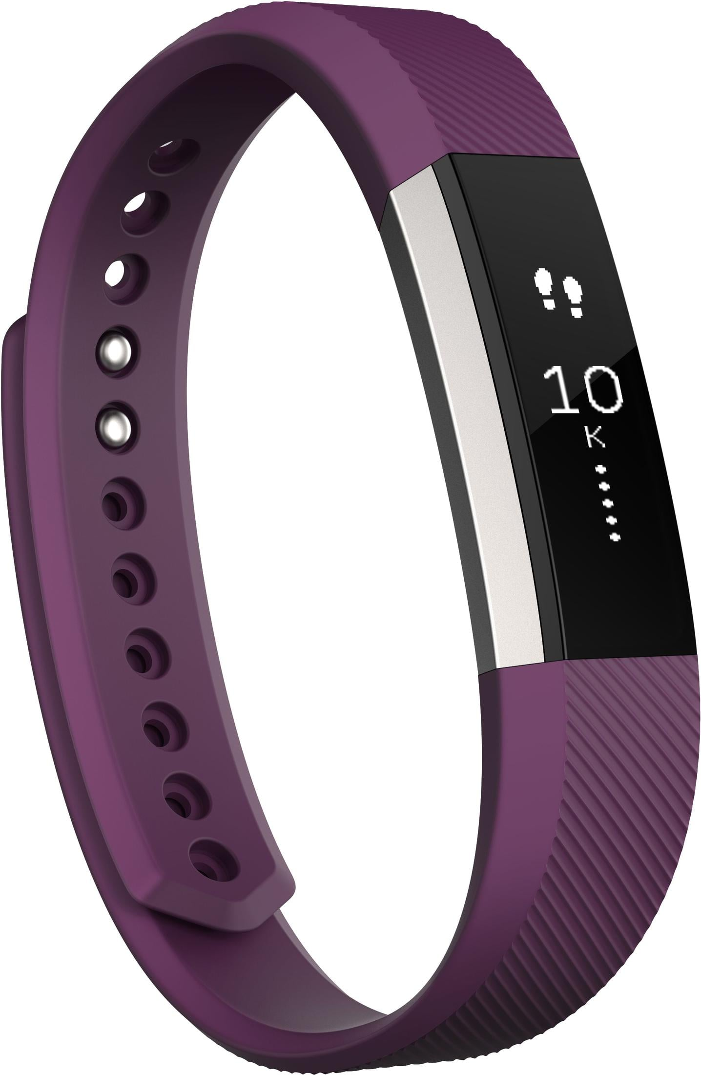 Pulsera de actividad morada con pantalla táctil que muestra 10K pasos.