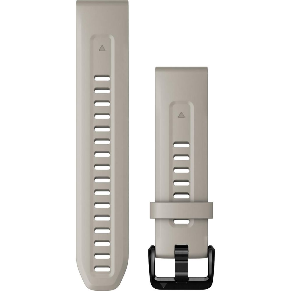 Dwa beżowe paski do zegarka z dziurkami i czarną klamrą.