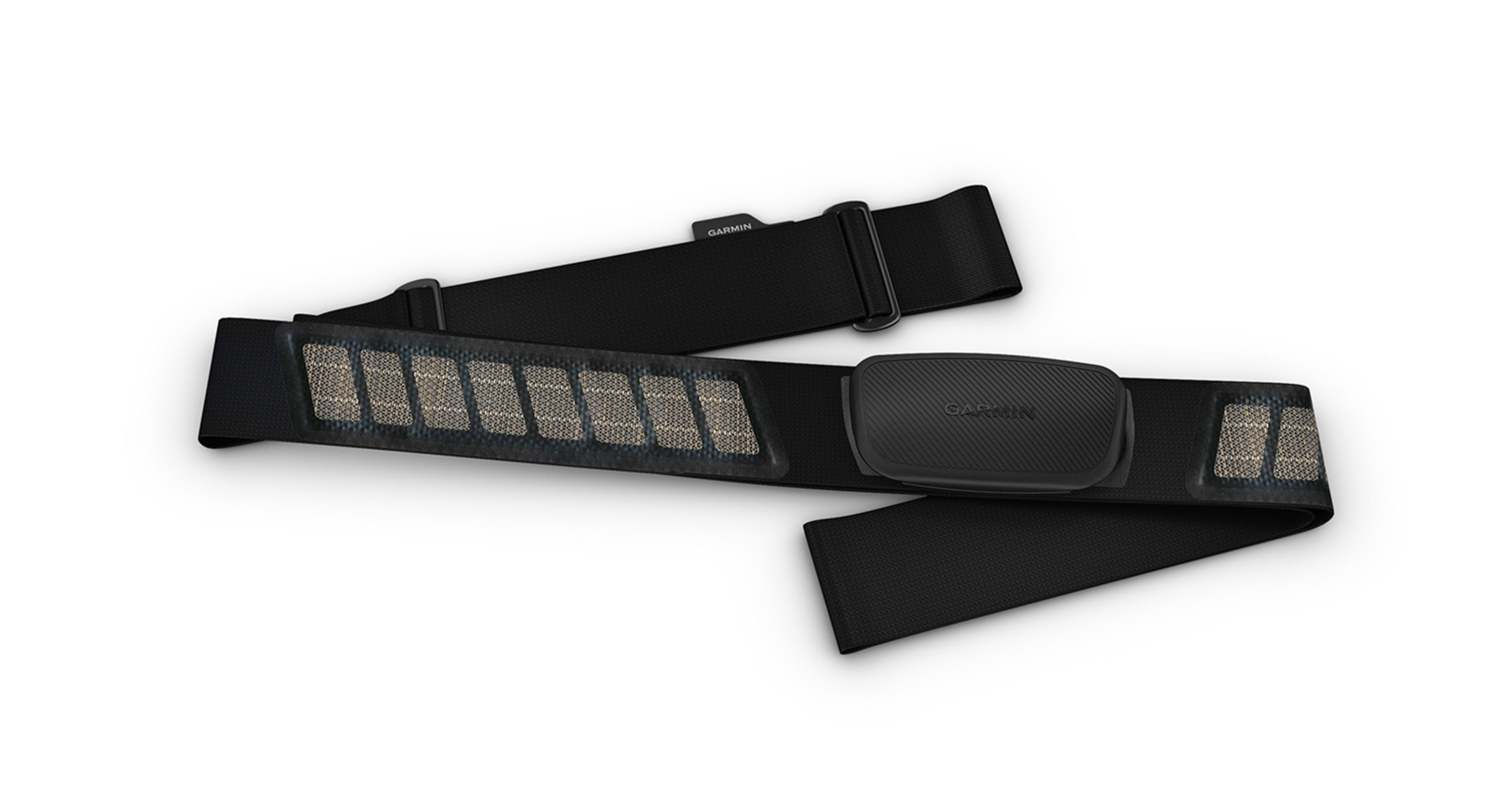 Cinturón negro Garmin para frecuencia cardíaca con módulo negro y sensores.