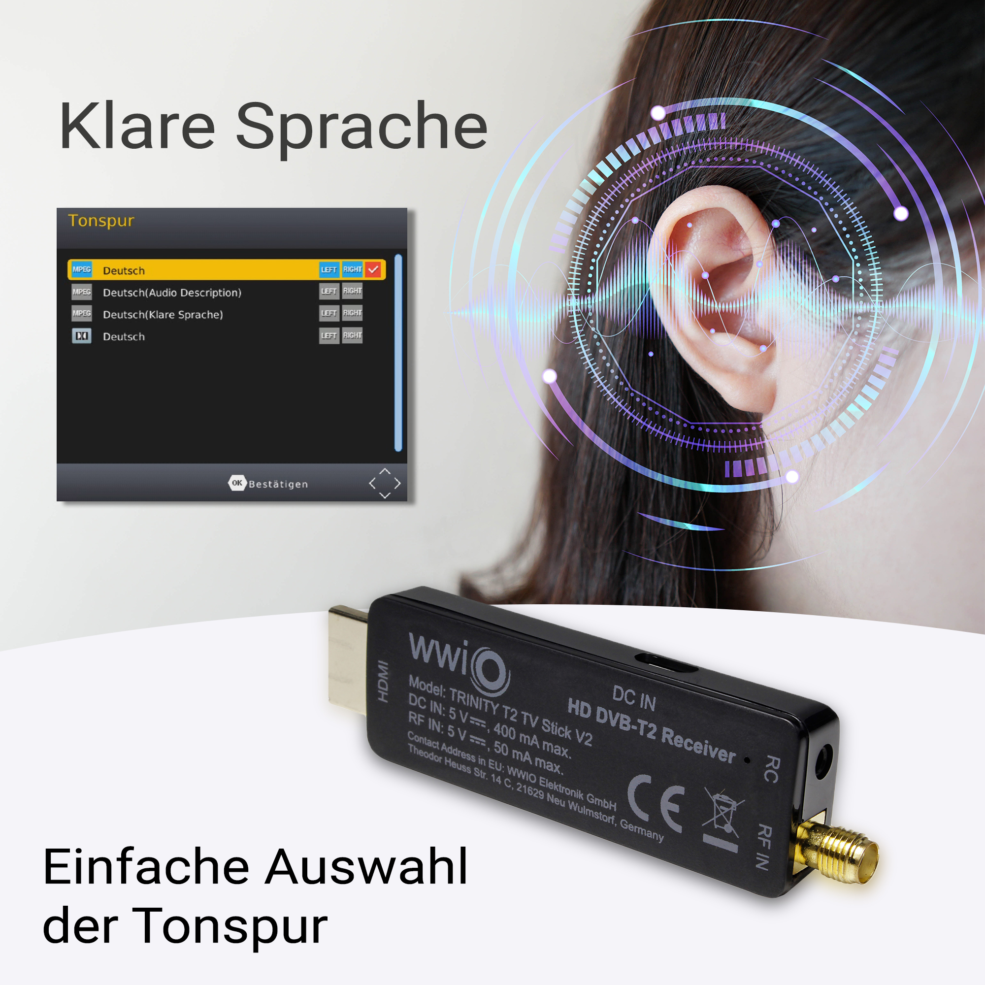 Ein schwarzer DVB-T2 Receiver-Stick mit Menü und Ohr-Grafik.