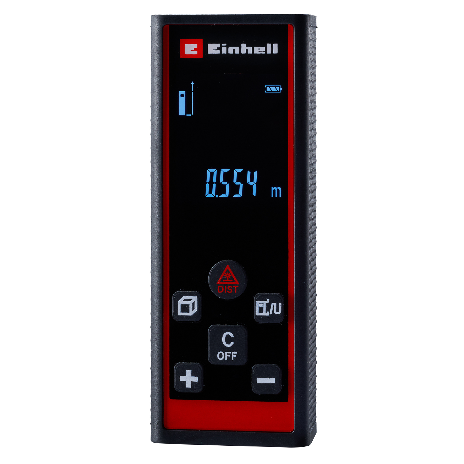 Einhell Laser-Entfernungsmesser mit schwarzem Gehäuse, roter Einfassung und digitaler Anzeige.