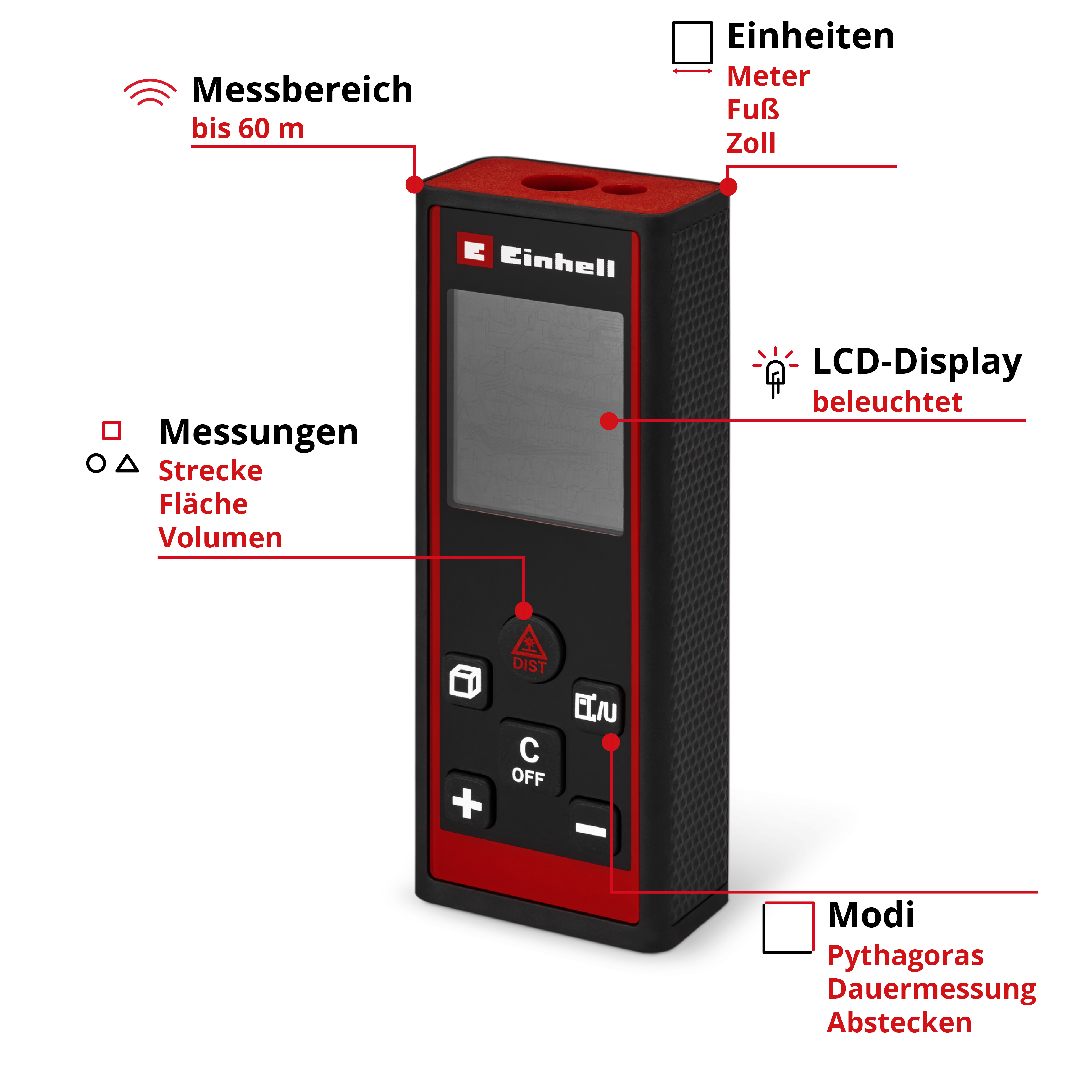 Einhell Laser-Entfernungsmesser mit LCD-Display, Messbereich bis 60m.