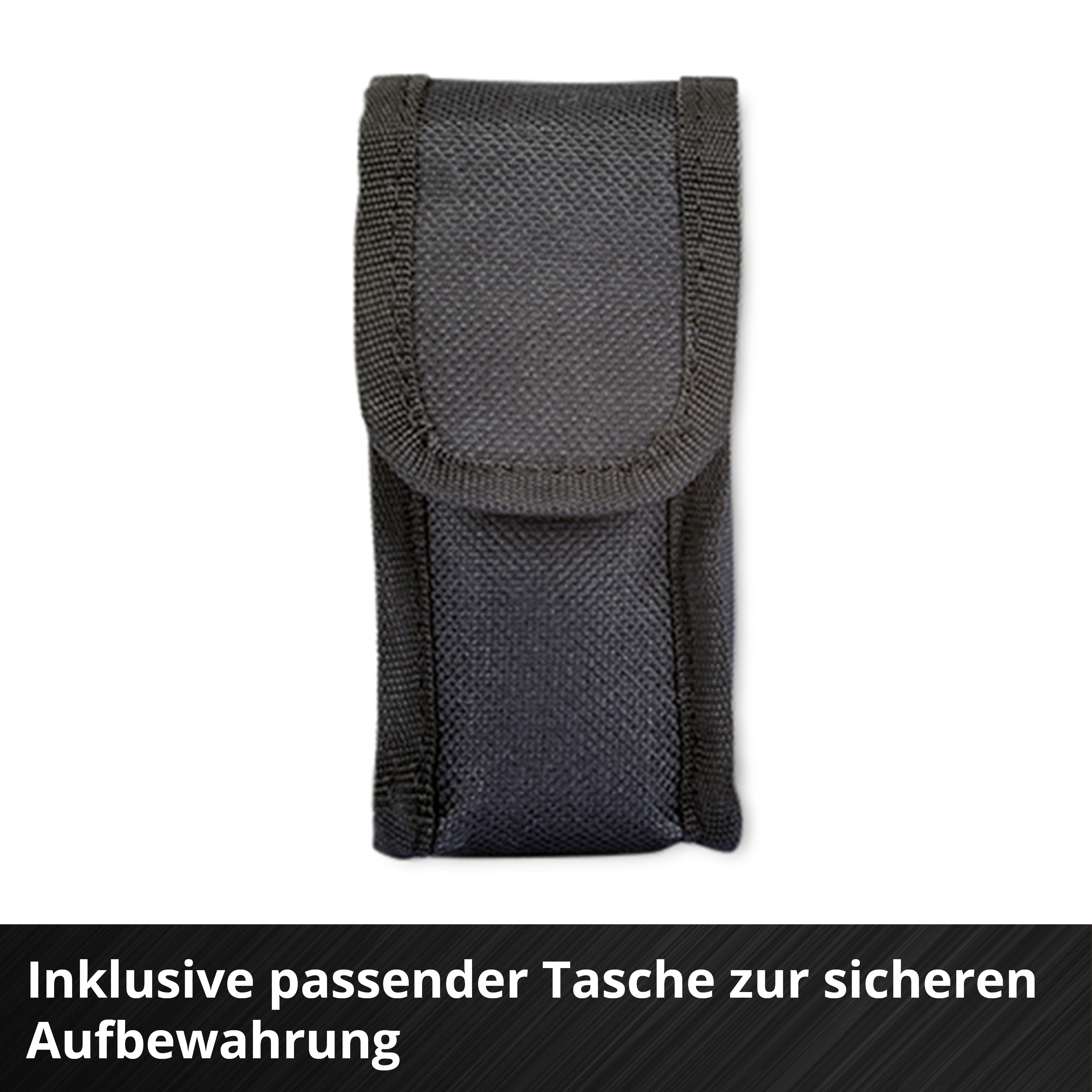 Schwarze Stofftasche mit Klettverschluss.