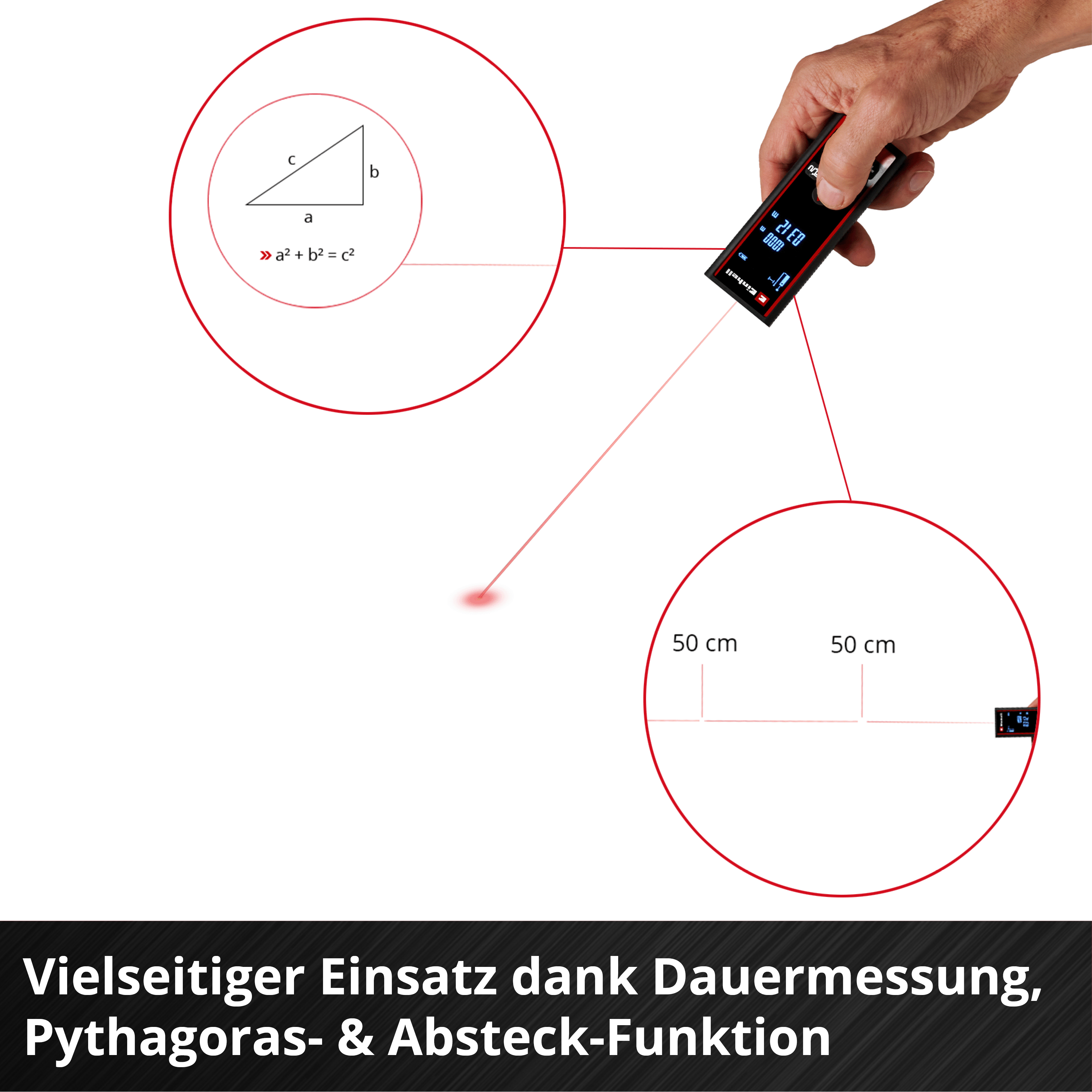 Hand hält Laser-Entfernungsmesser, zeigt Pythagoras-Formel und Messungen.