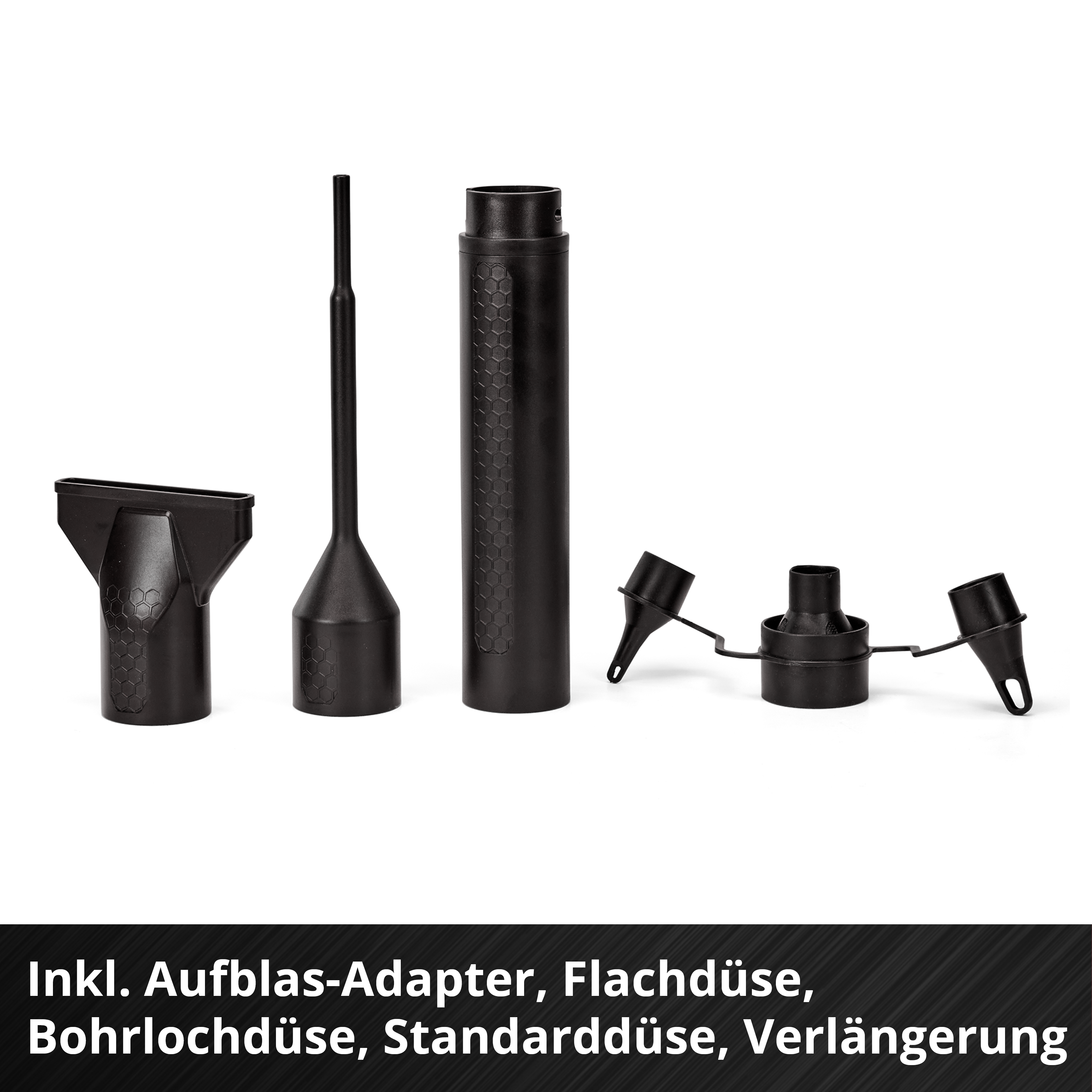 Schwarze Düsen und ein Verlängerungsrohr auf weißem Grund.