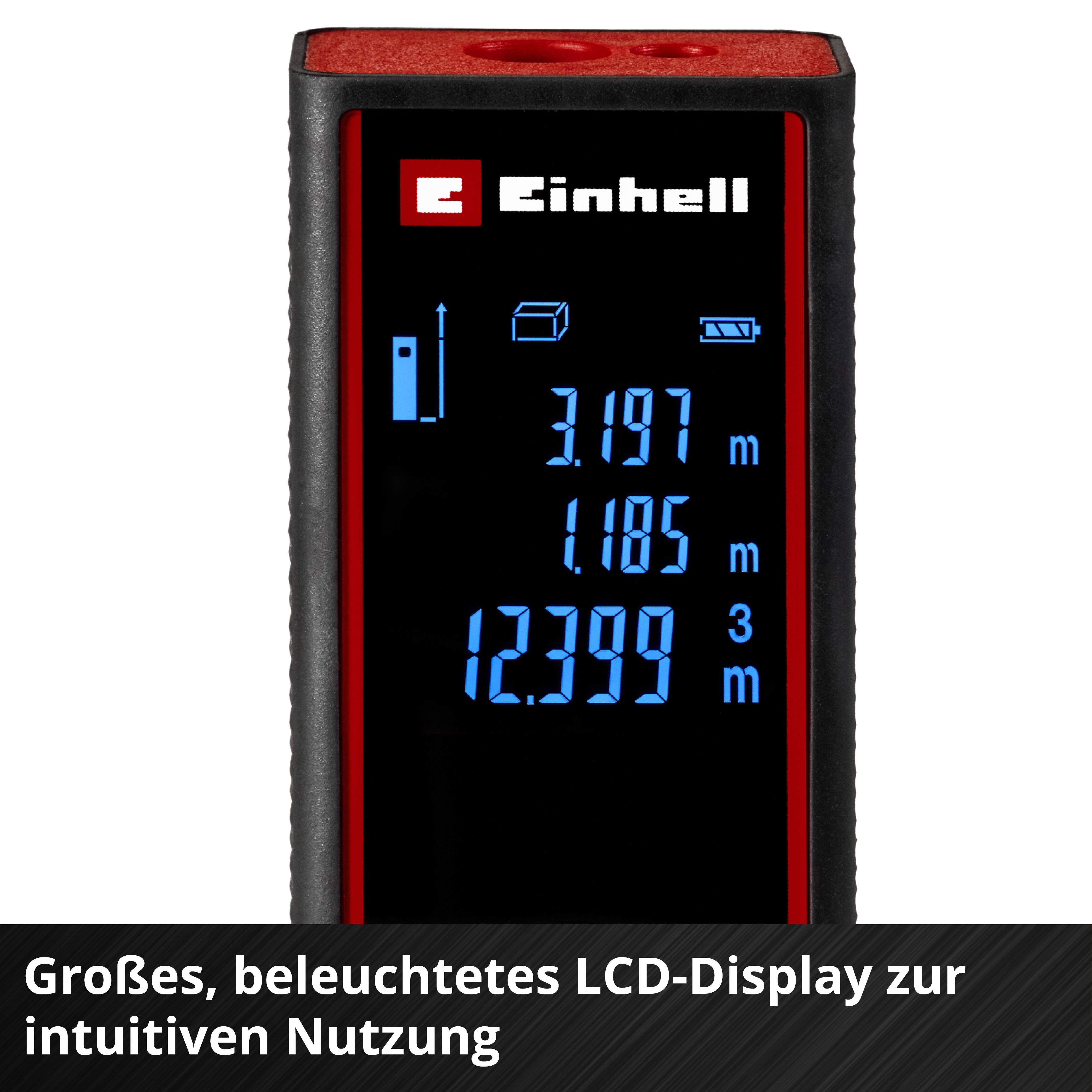 Einhell Laser-Entfernungsmesser mit beleuchtetem Display zeigt Messwerte an.