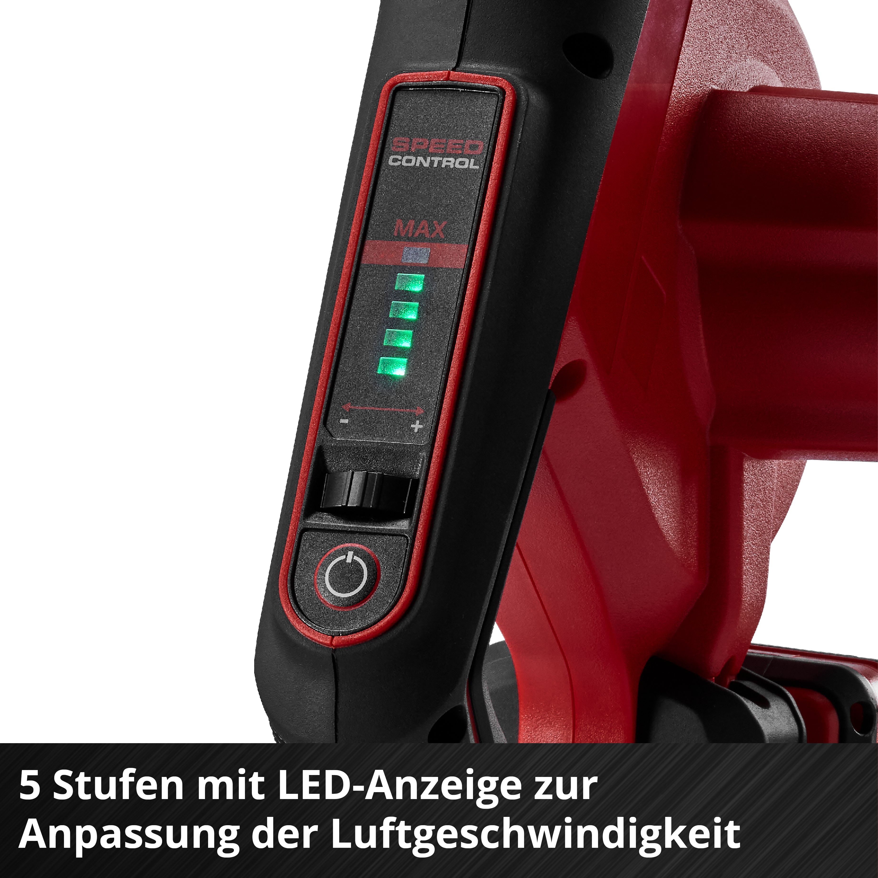 Rotes Werkzeug mit schwarzem Griff, LED-Anzeige für Geschwindigkeit.