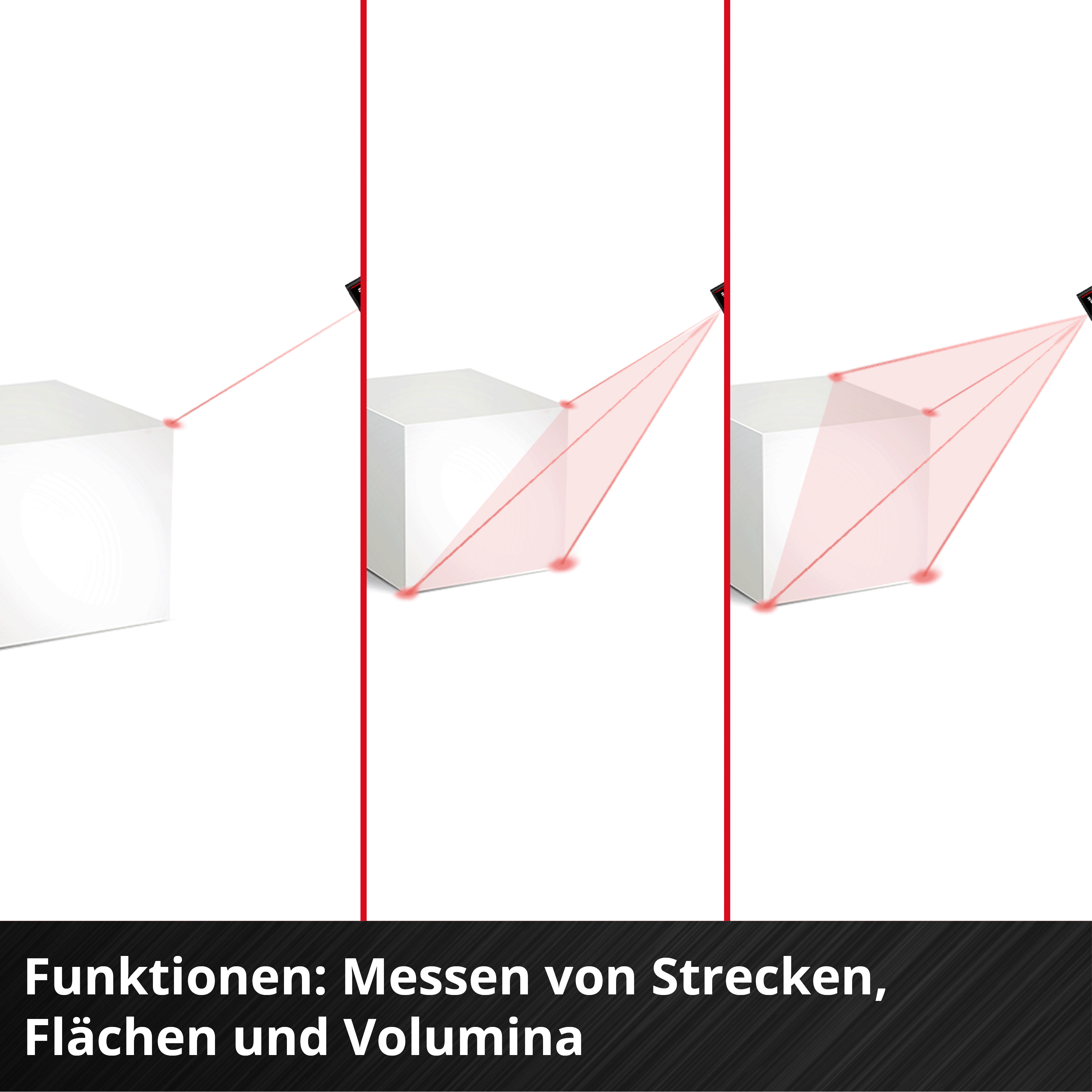 Ein Laser misst die Ecken eines weißen Würfels. Die Funktion zeigt Längen-, Flächen- und Volumenmessung.
