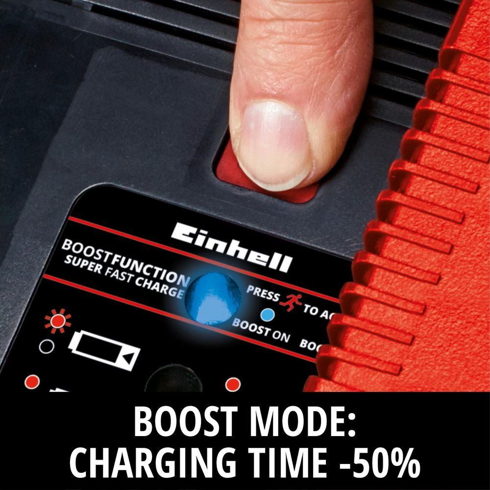 Ein Finger drückt einen roten Knopf auf einem Einhell Ladegerät mit Boost-Modus.