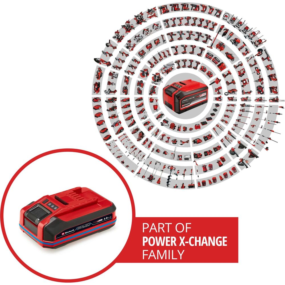 Rote und schwarze Batterie im Kreis mit vielen Werkzeugen. Naheaufnahme einer Batterie.