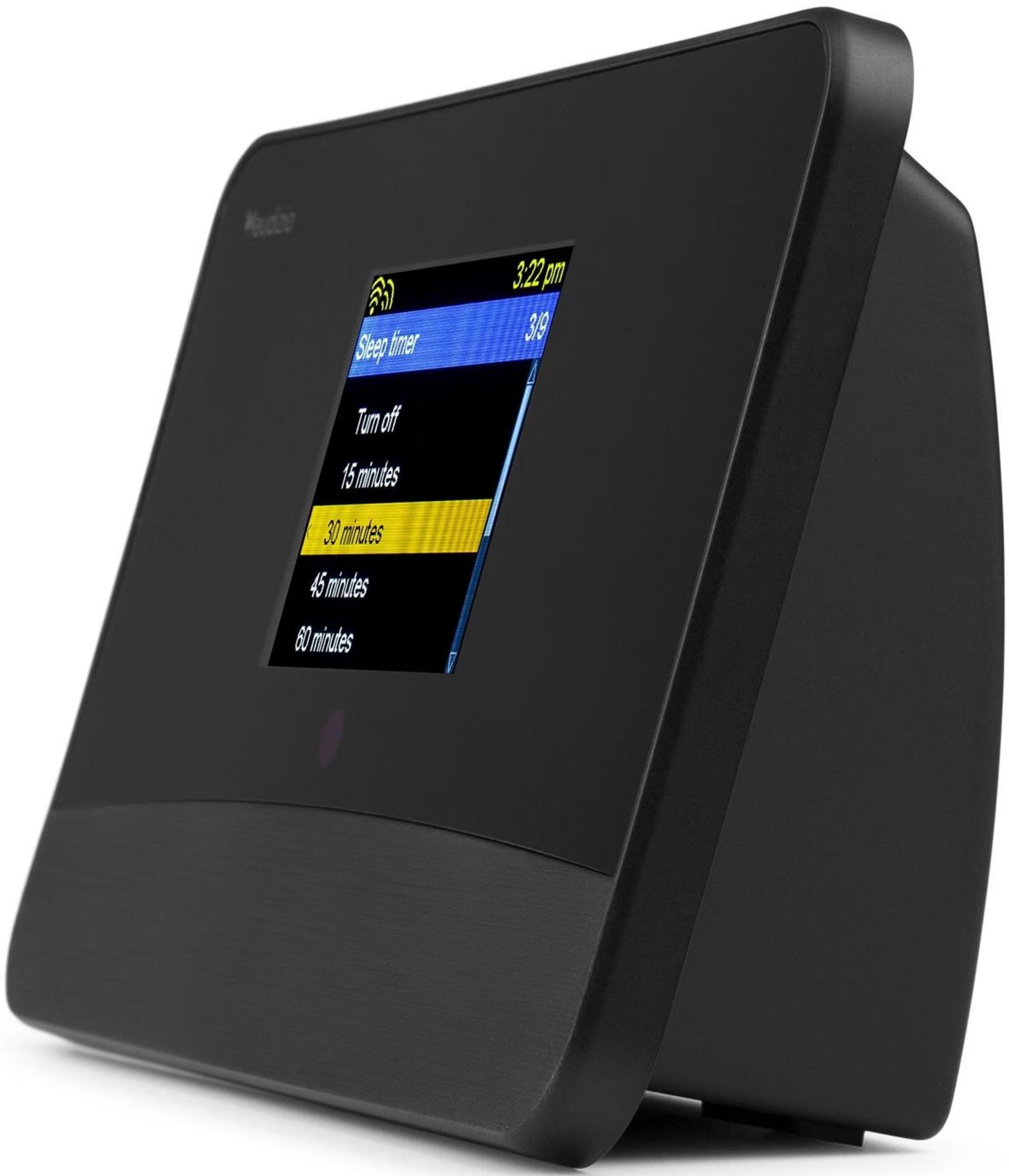 Dispositivo de audio negro con pantalla que muestra opciones de temporizador de sueño.