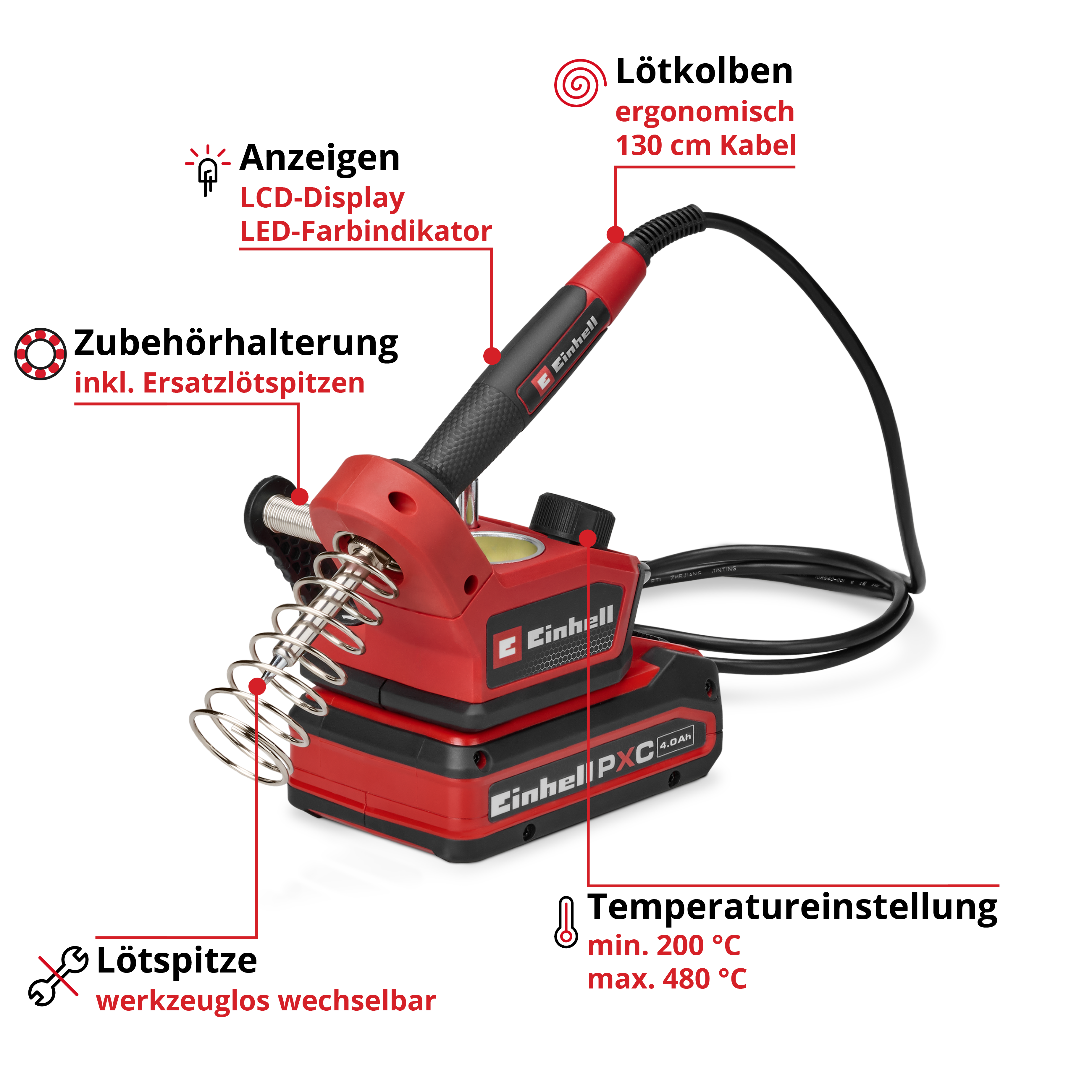 Roter Lötkolben mit Zubehör, Akku und Temperaturregelung.