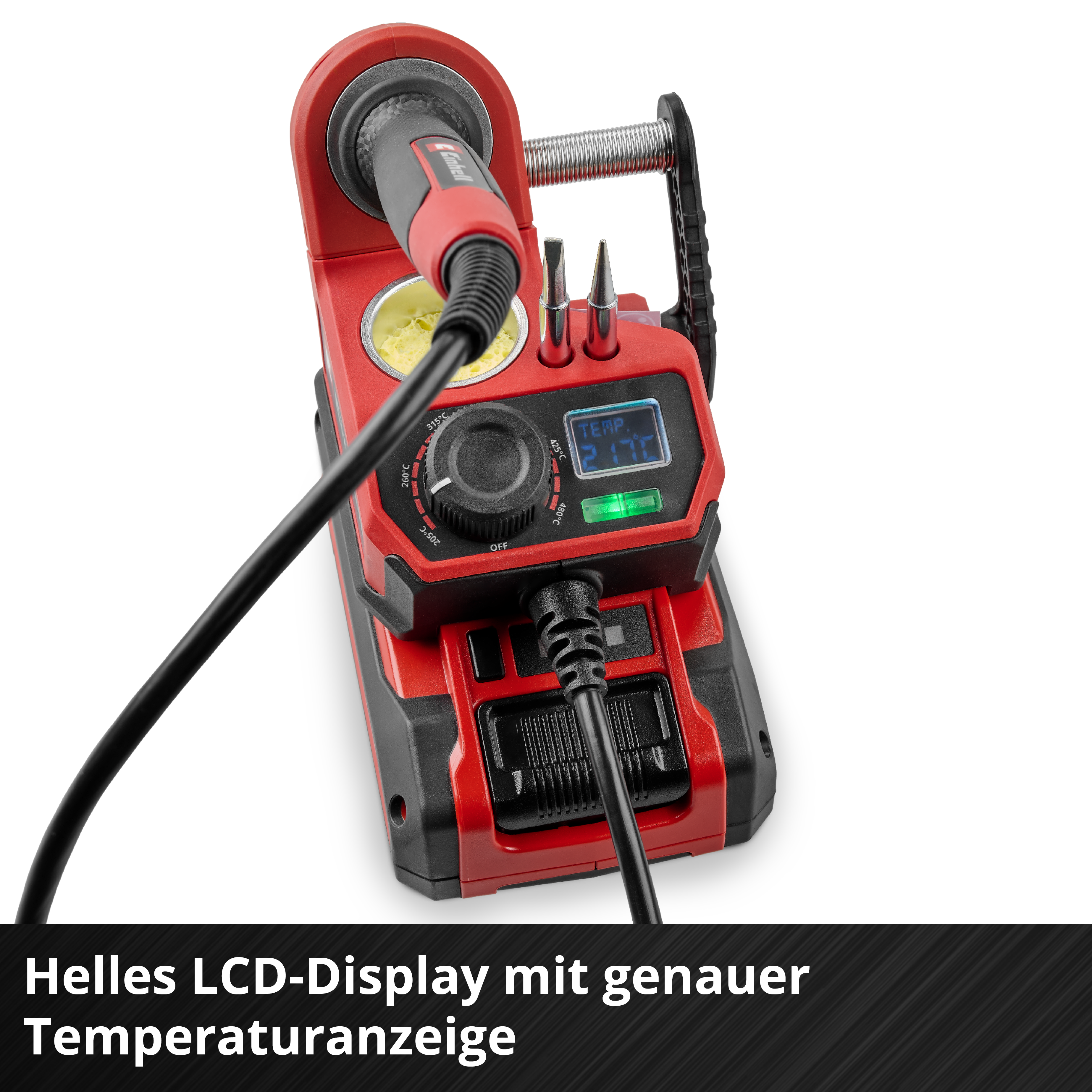 Rote Lötstation mit LCD, Temperaturanzeige auf 217°C.