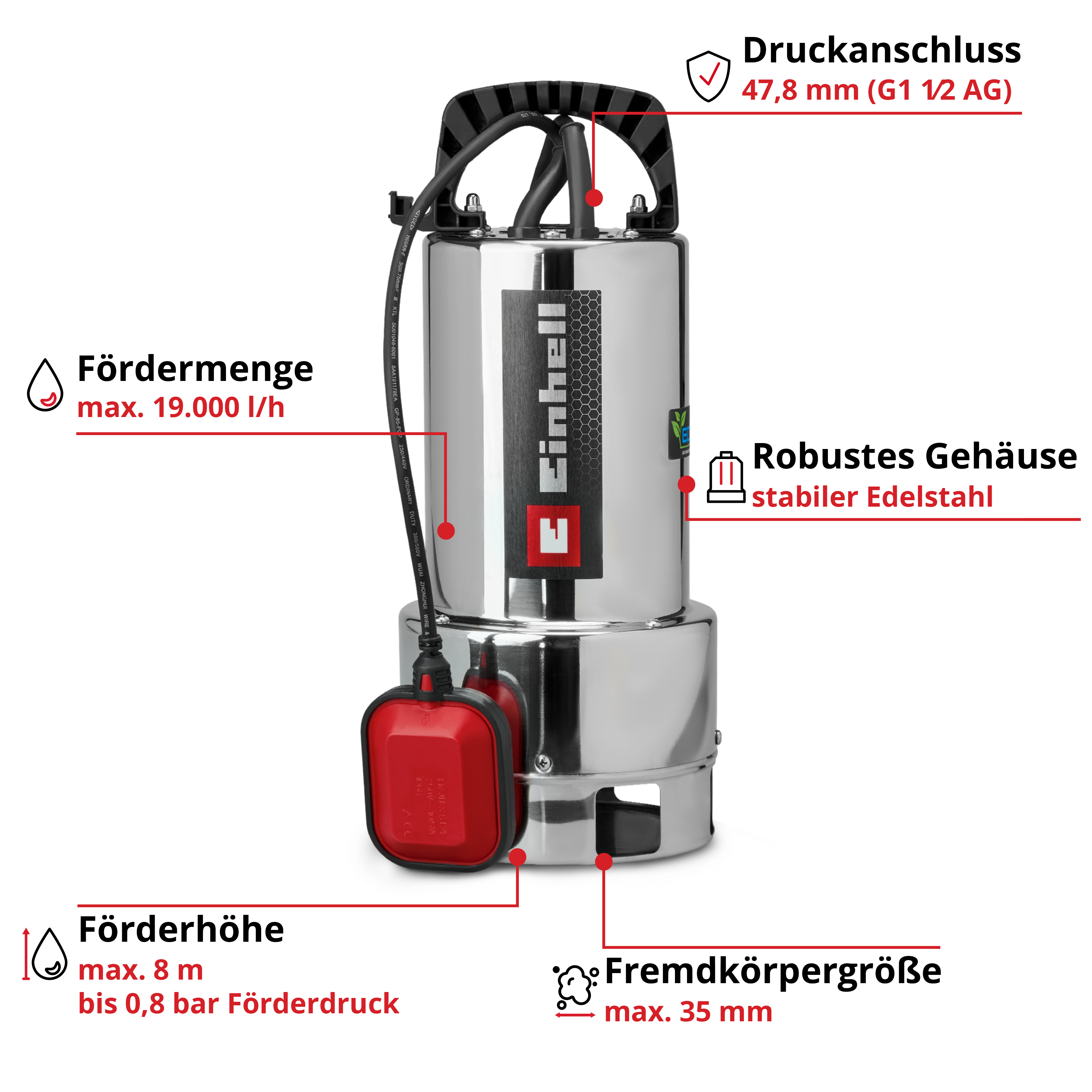 Edelstahl-Tauchpumpe mit Schwimmerschalter, max. 19.000 l/h Fördermenge.
