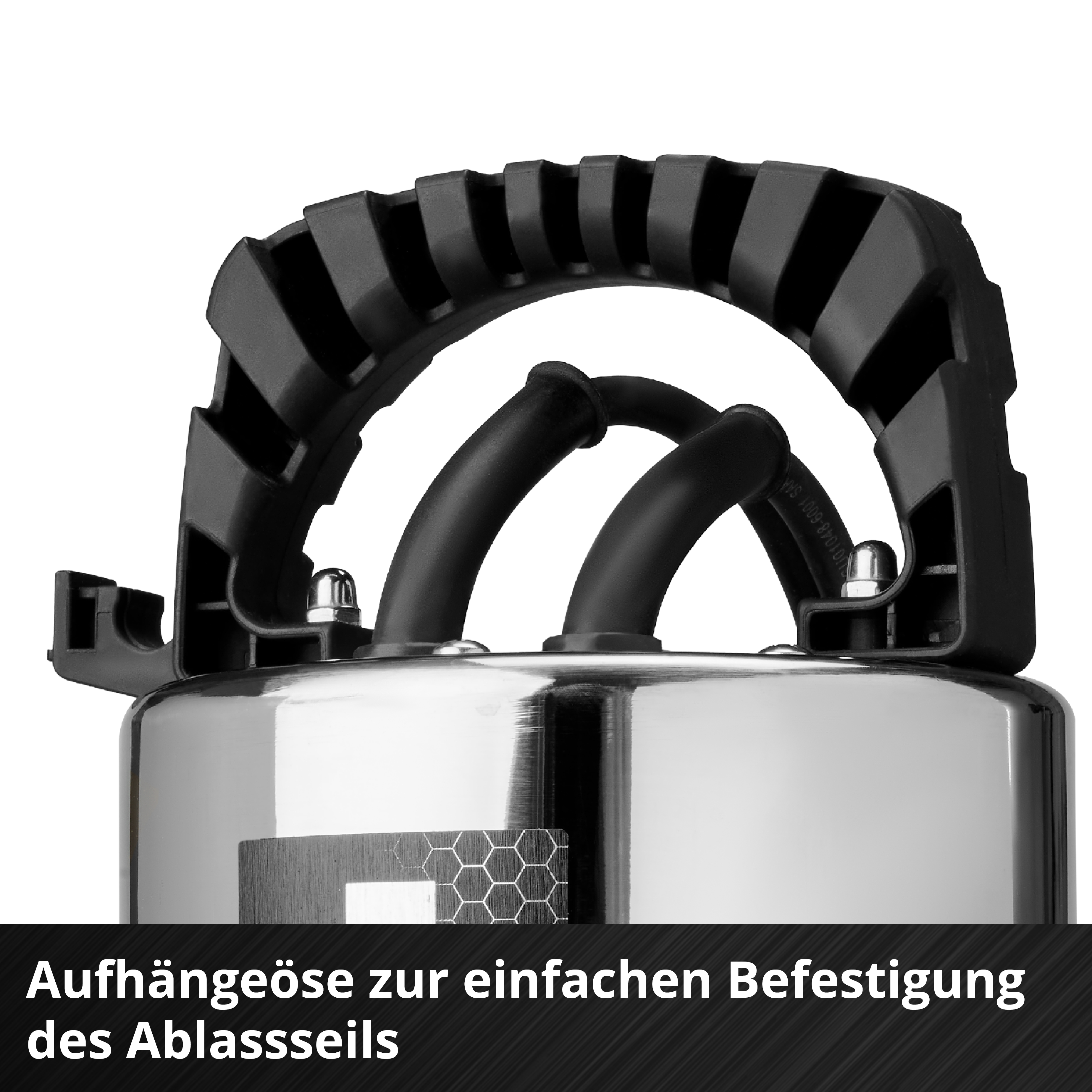 Edelstahl-Pumpe mit schwarzem Tragegriff und Kabeln.