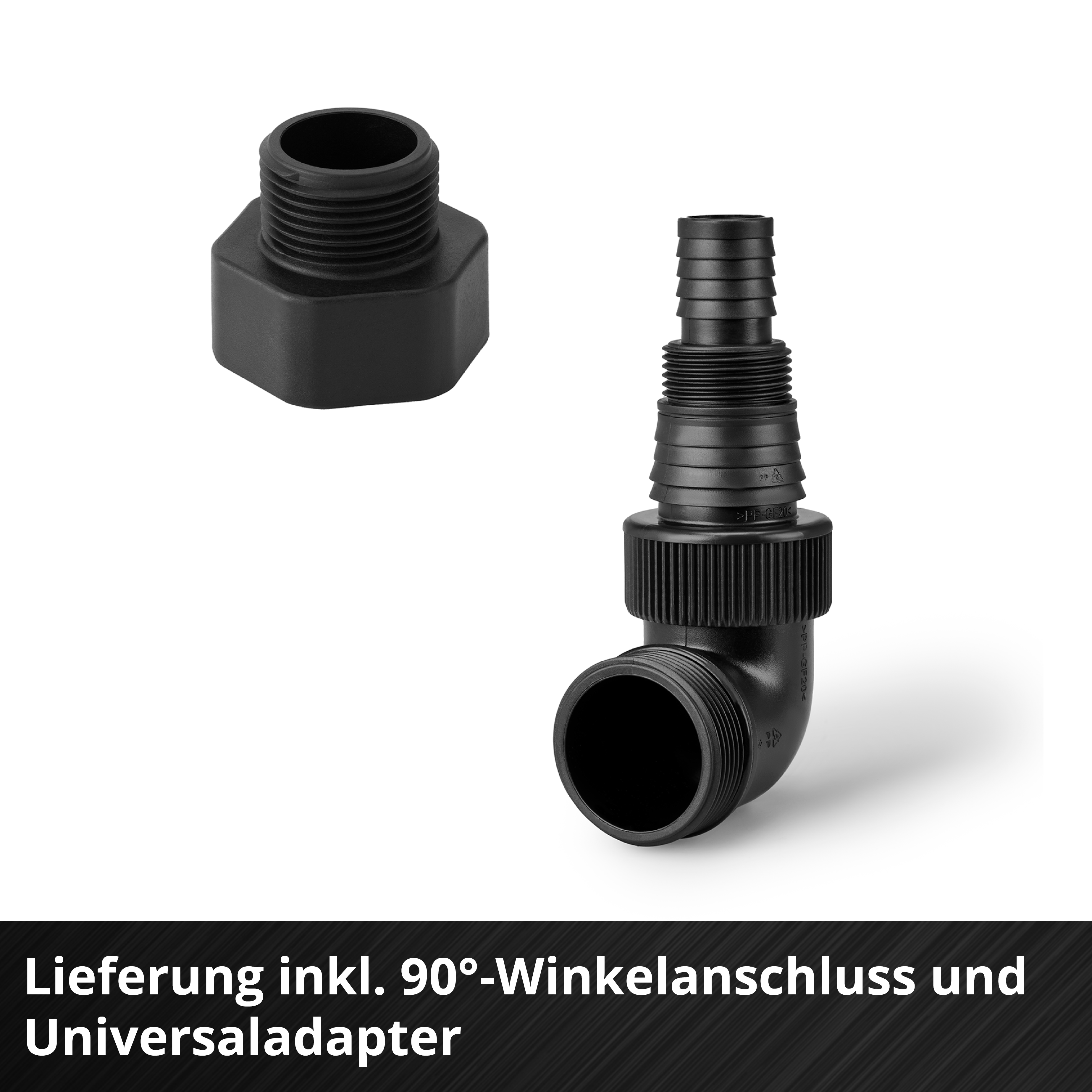 Schwarzer 90°-Winkelanschluss und Universaladapter aus Kunststoff.