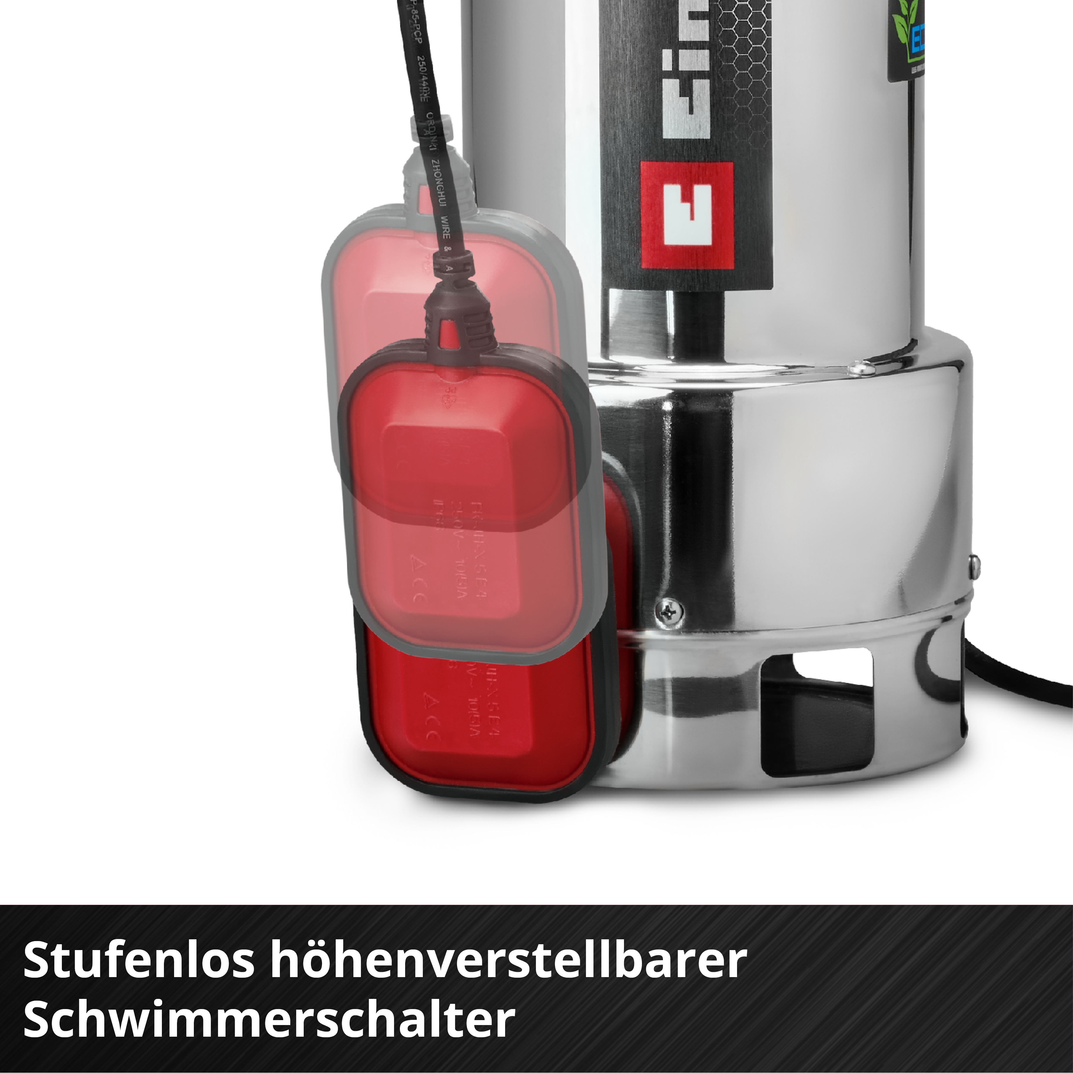 Eine rote Schwimmerschalter-Einheit hängt an einem Kabel neben einem polierten Metallgerät.