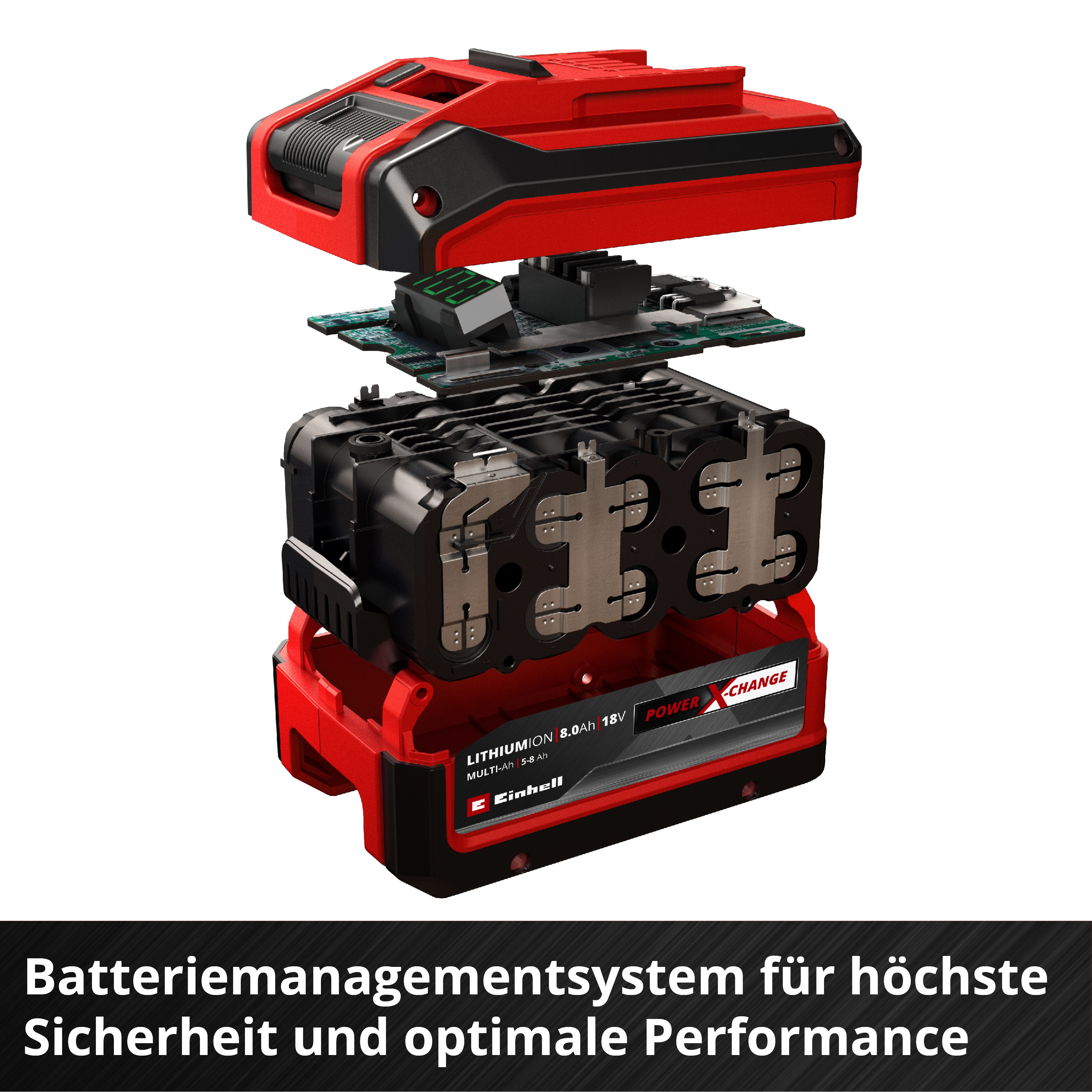 Explodierte Ansicht eines roten Akkupacks mit Elektronik und Zellen.