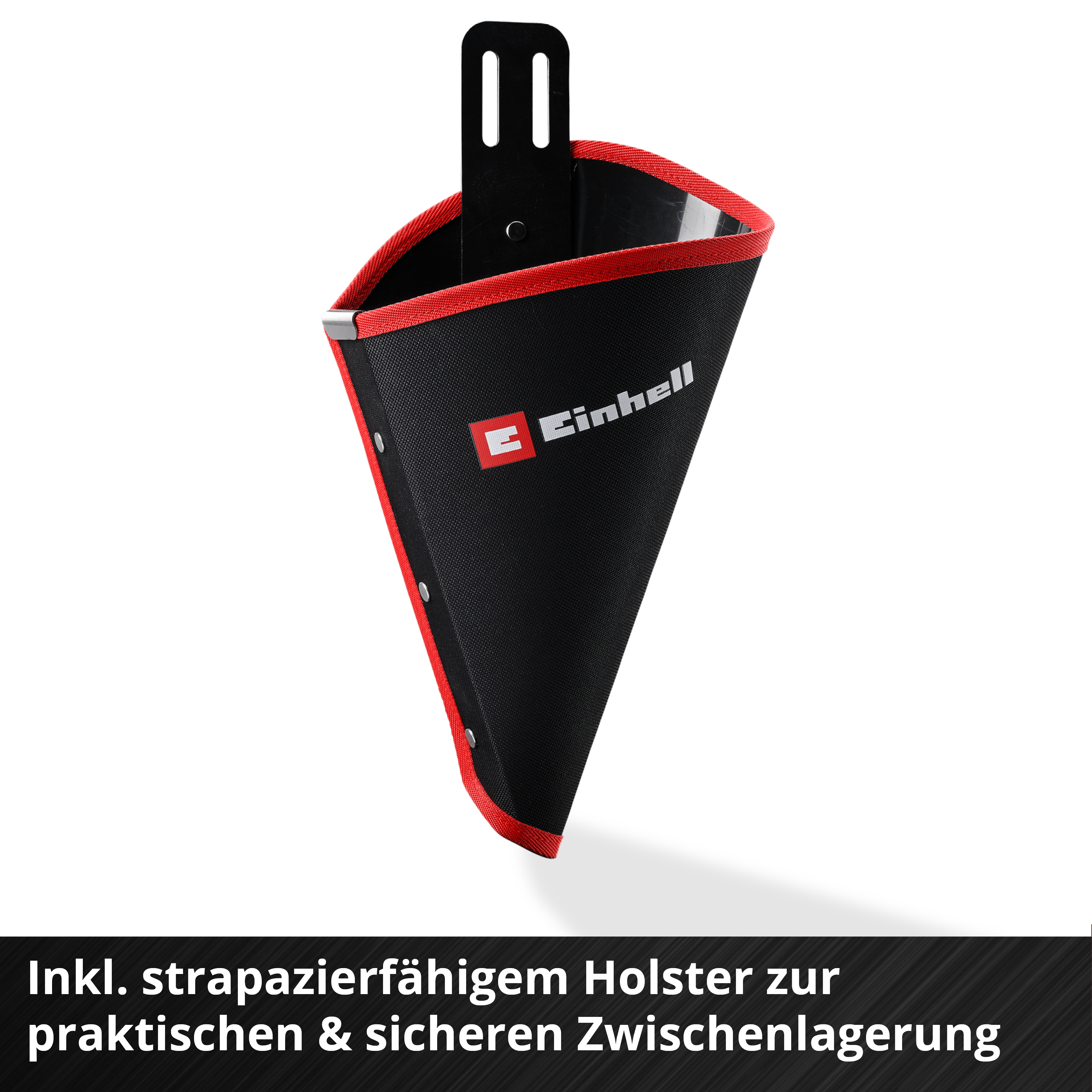 Schwarze Einhell Werkzeugtasche mit rotem Rand und Befestigungsbügel.