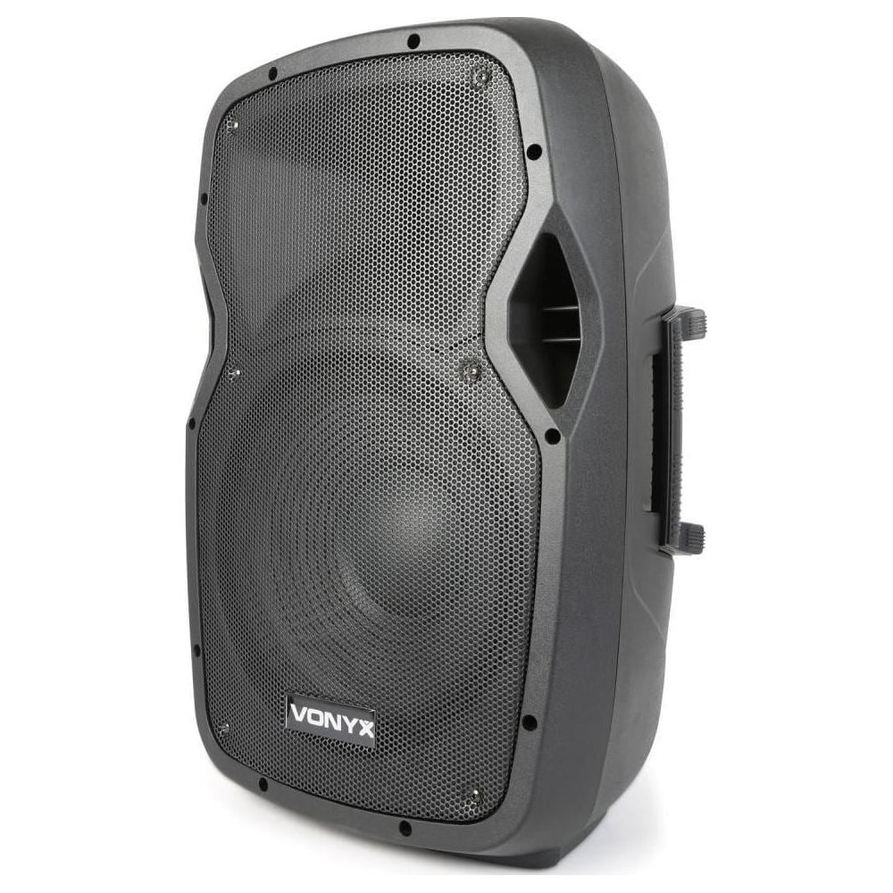 Altavoz negro con logo Vonyx sobre fondo blanco.