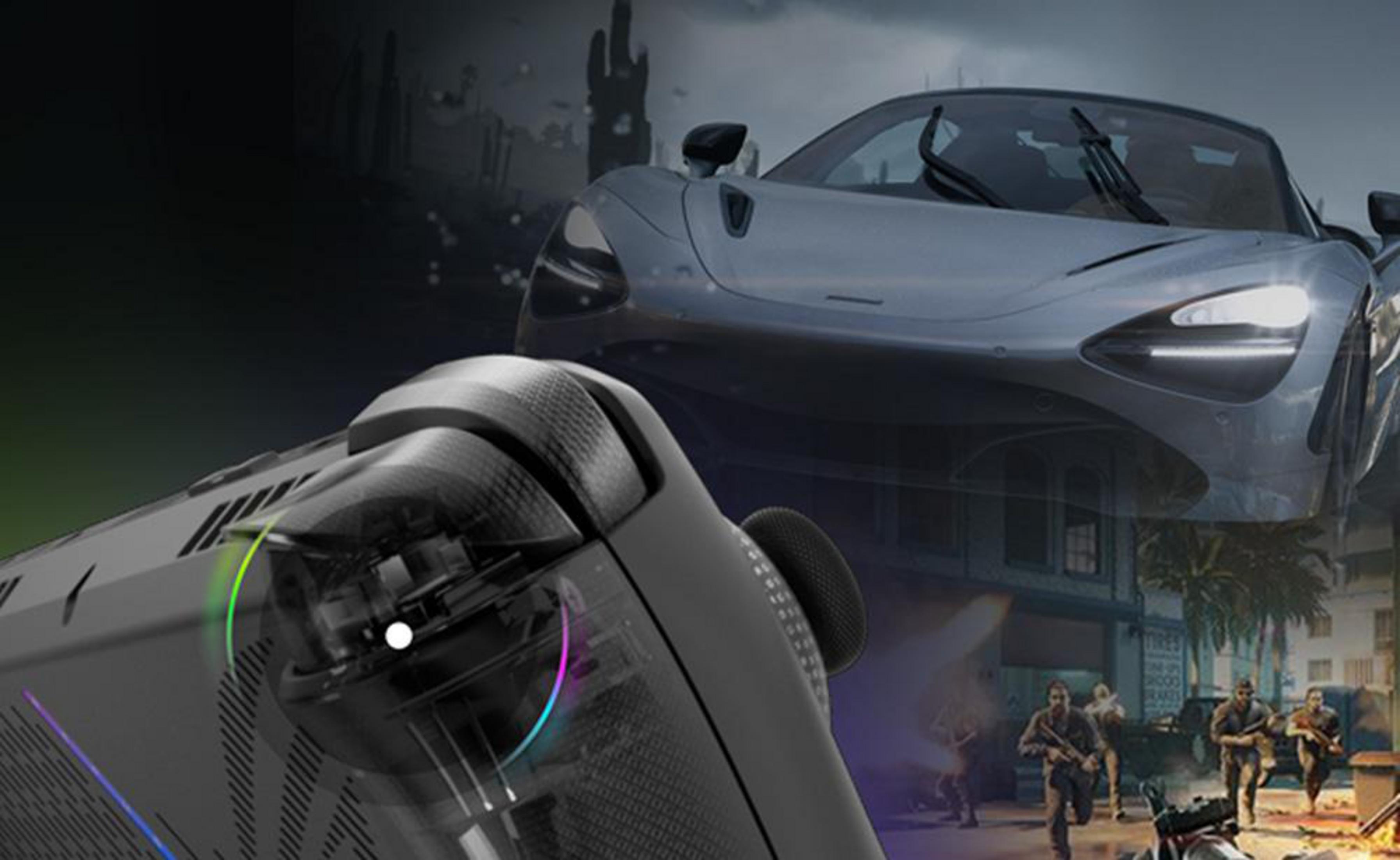 Ein Gamecontroller mit bunten Lichtern vor einem Rennwagen und Soldaten in einer Stadt.