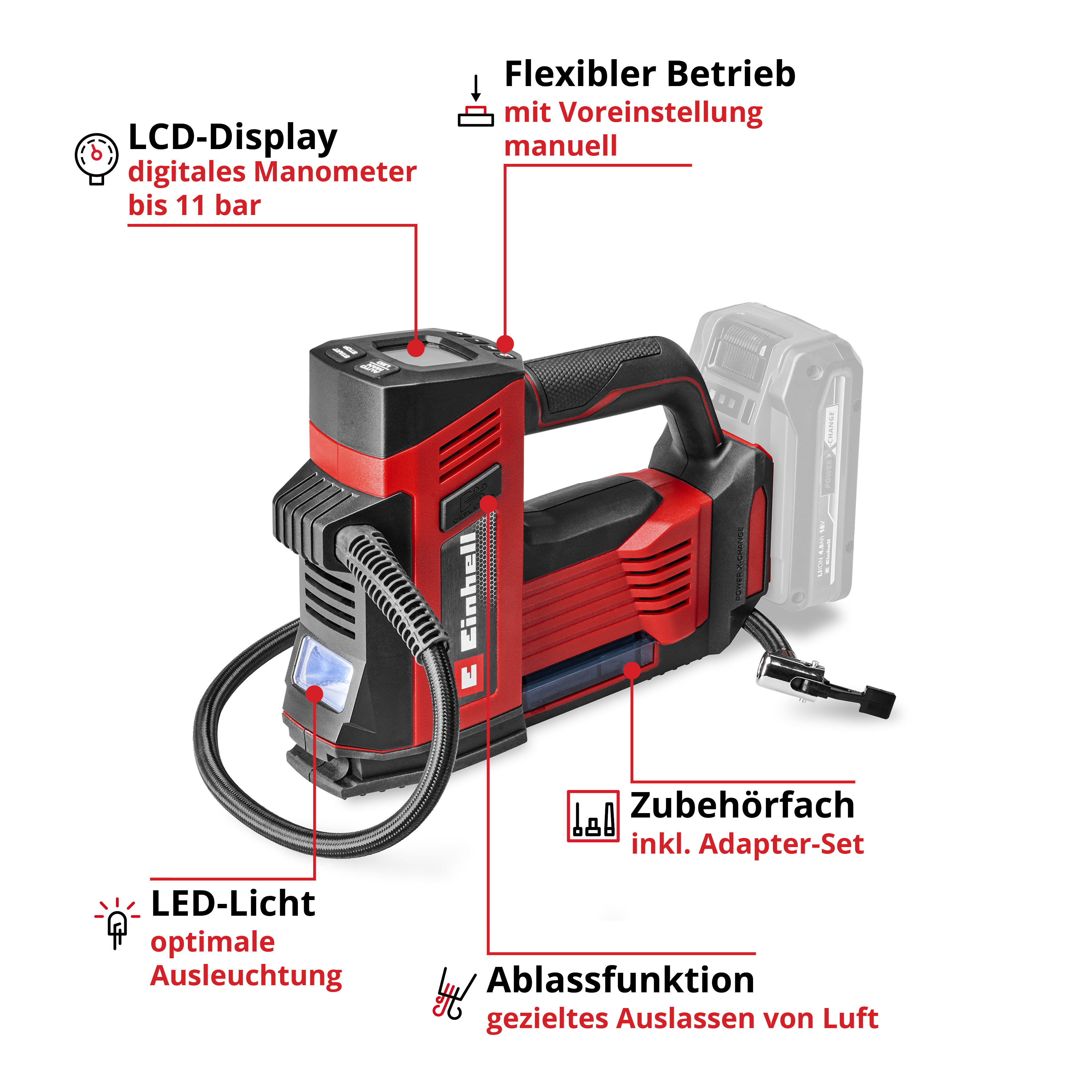 Un compressore d'aria senza fili, rosso e nero con display LCD, luce LED e vano accessori.