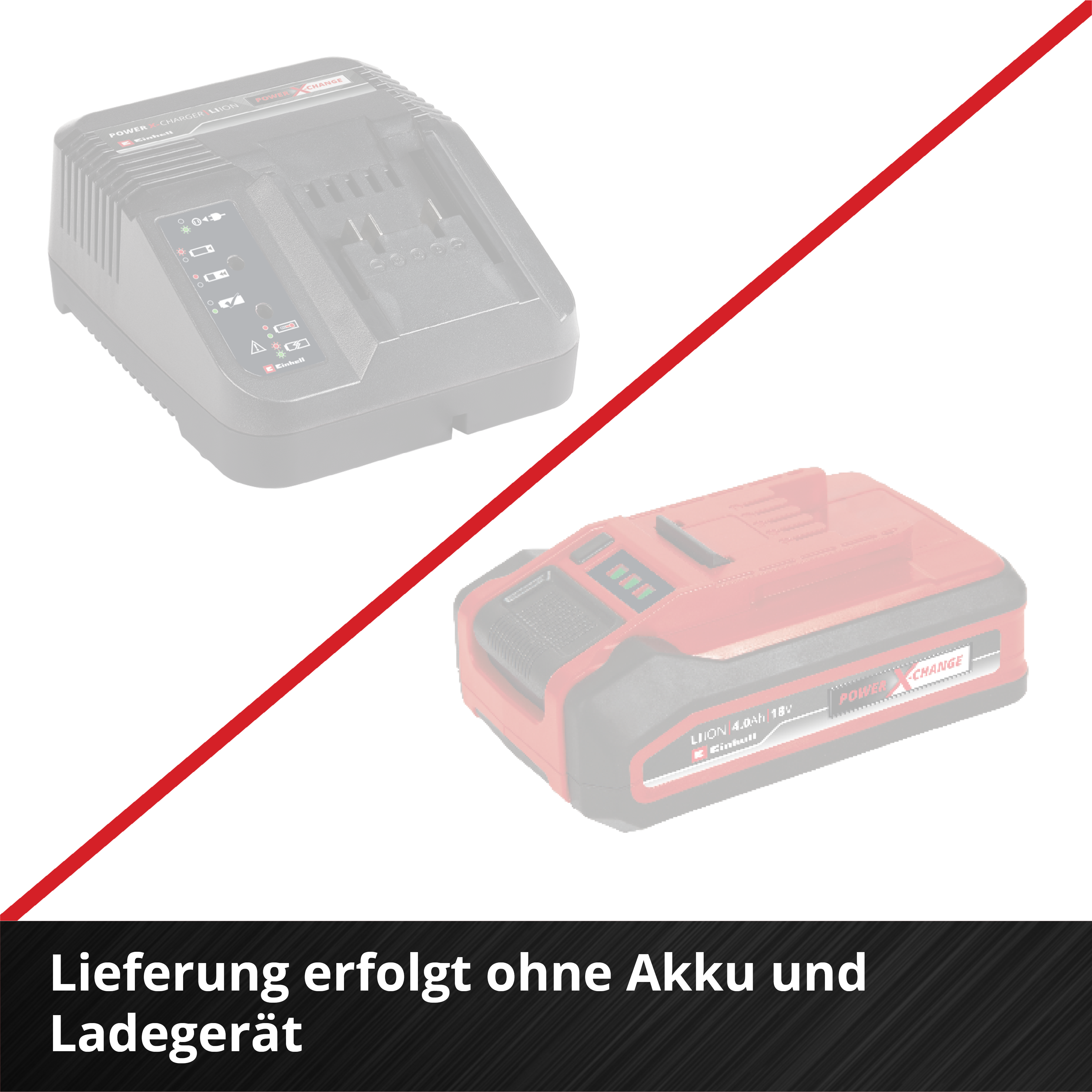 Una linea rossa divide un caricabatterie e una batteria. Testo in basso: Consegna senza batteria e caricabatterie.