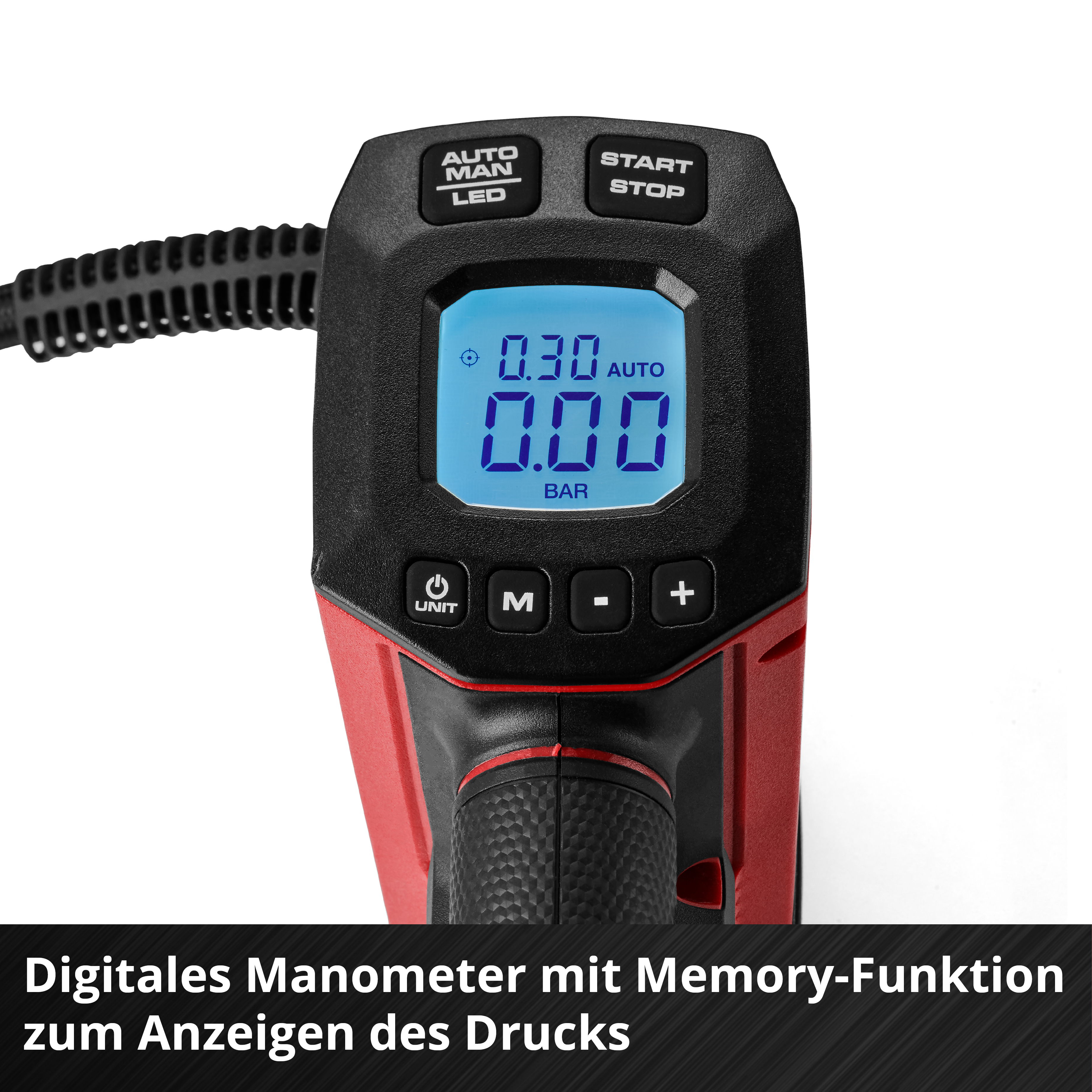 Manometro digitale con display blu che mostra 0.30 AUTO e 0.00 BAR.