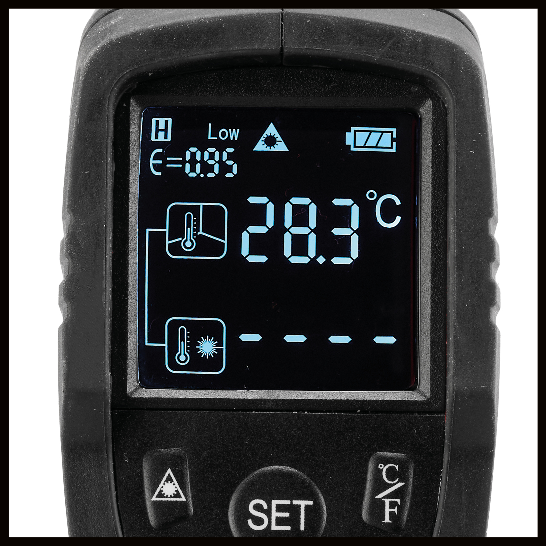 Ein Thermometer zeigt 28,3 Grad Celsius an. Emissivität ist 0,95.