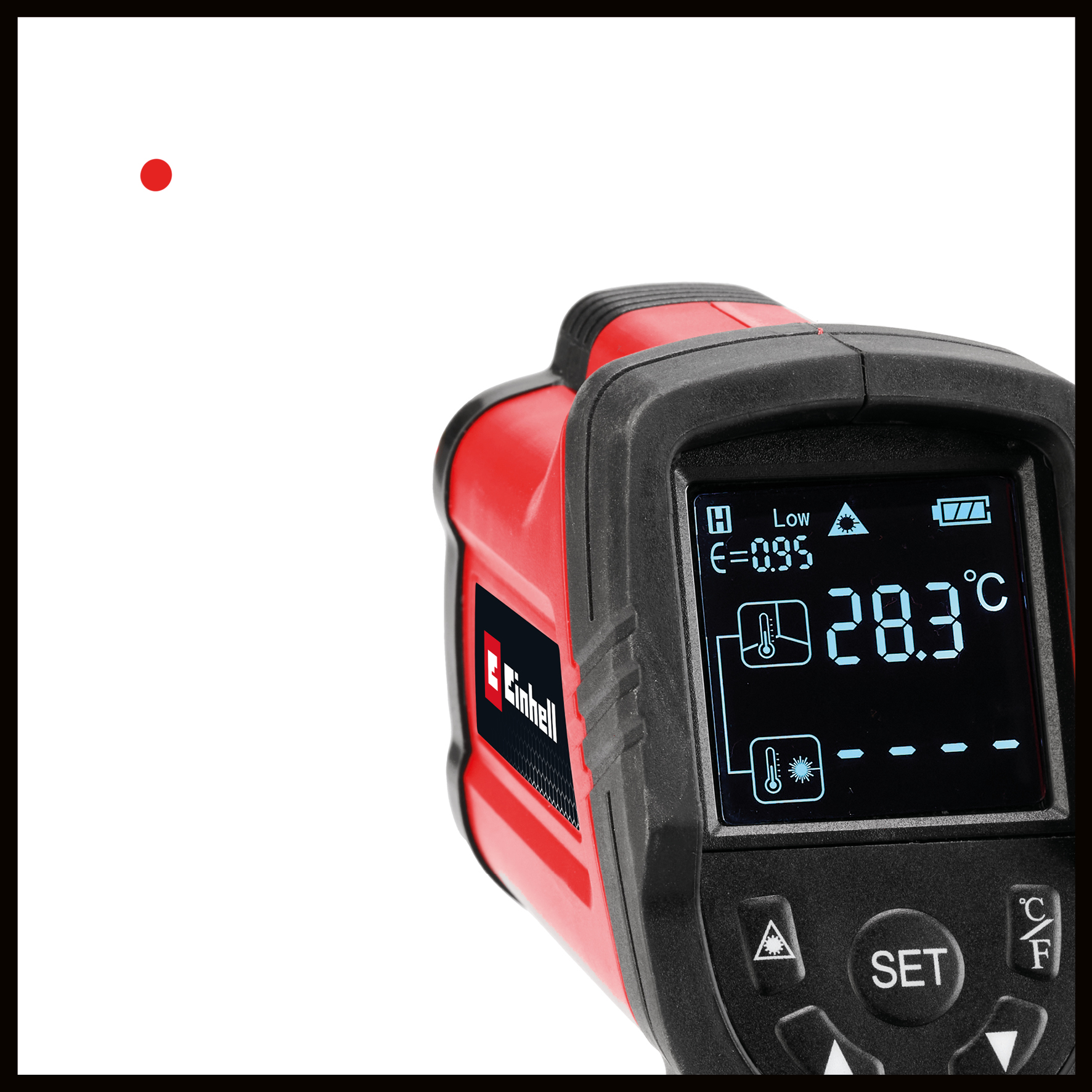 Rotes Infrarot-Thermometer mit digitalem Display, das 28,3°C anzeigt.