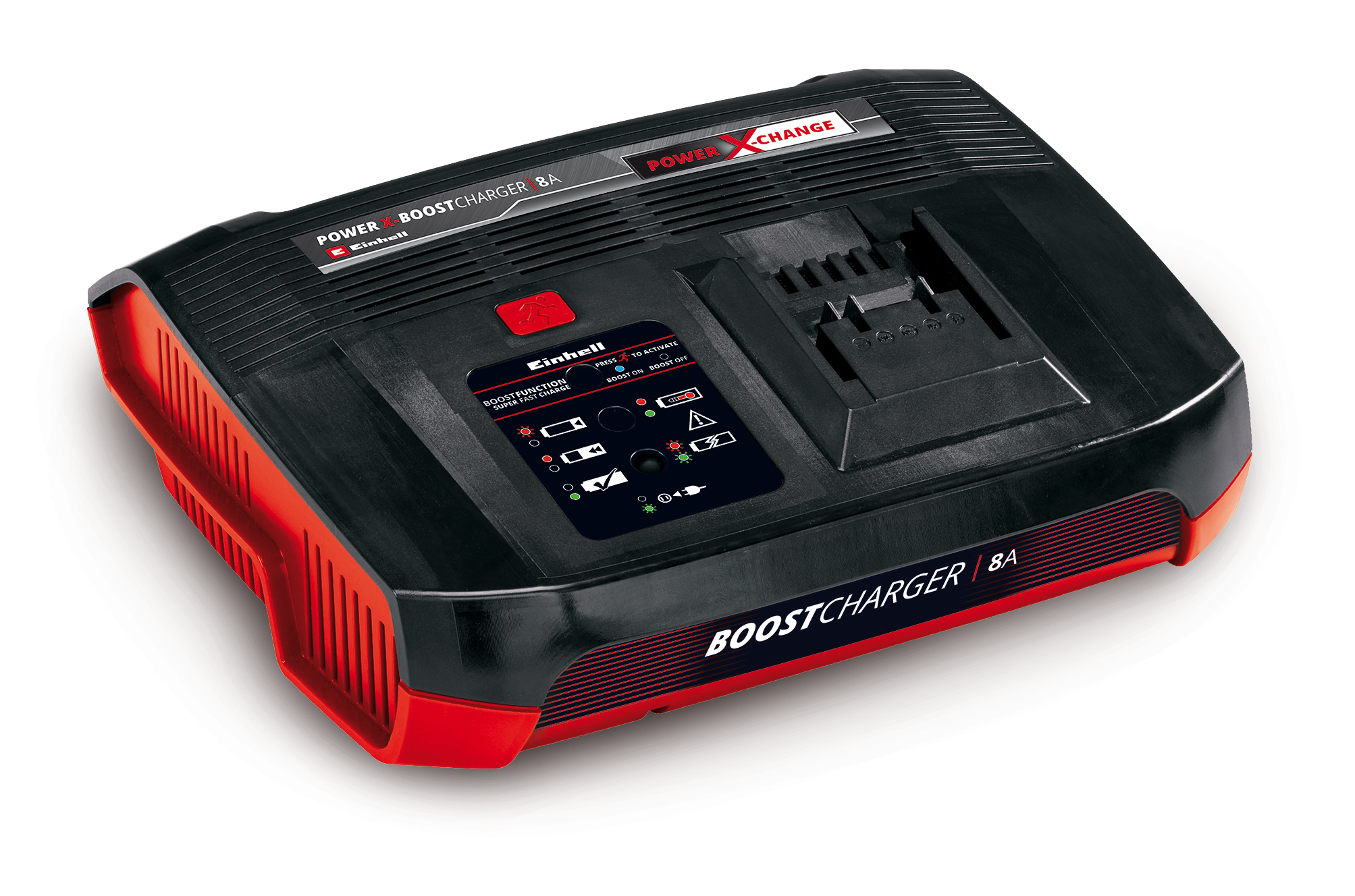 Ein schwarzes und rotes Ladegerät mit der Aufschrift "BOOSTCHARGER 8A" und Anzeigeleuchten.