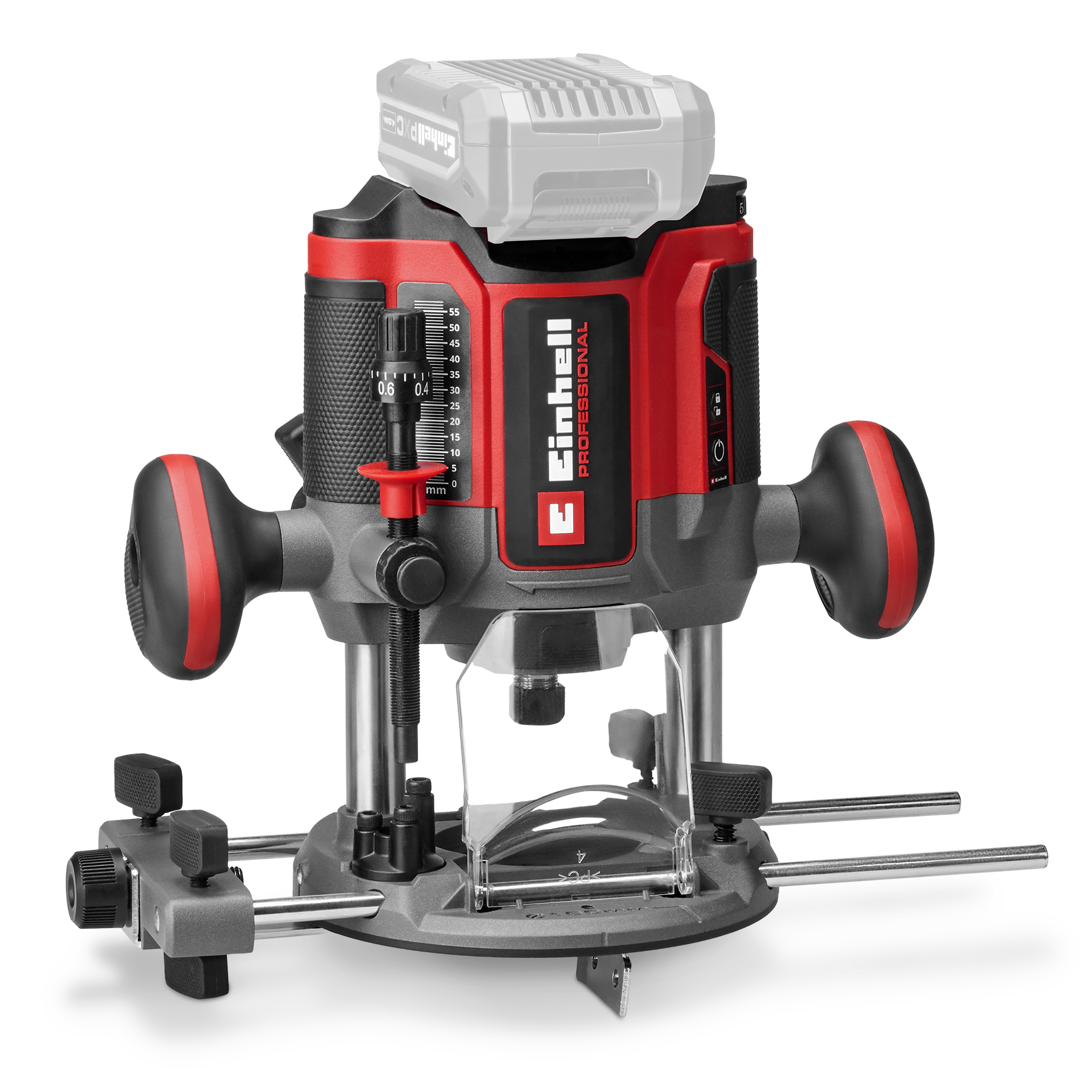 Una fresatrice Einhell rossa e grigia con batteria, su sfondo bianco.
