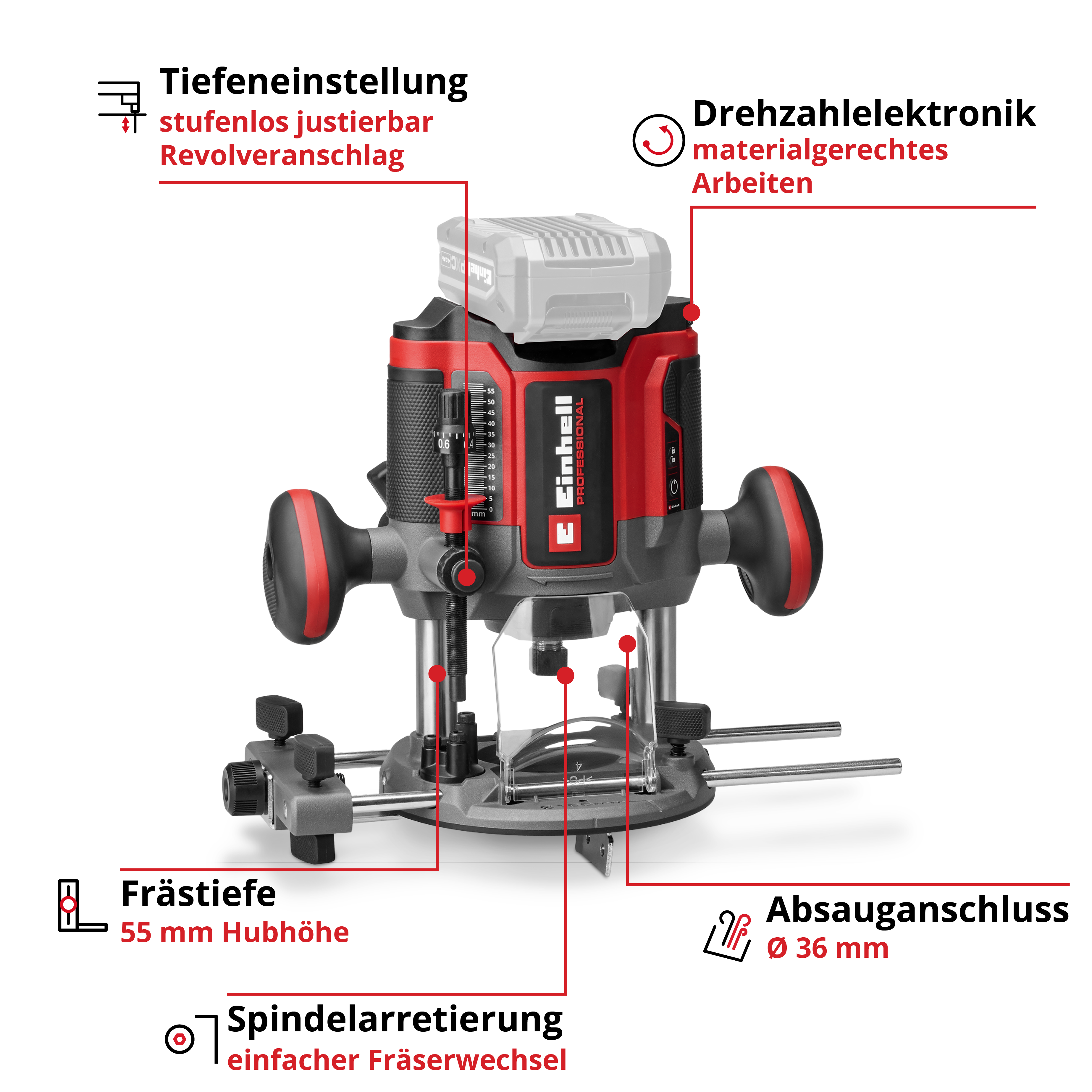 Fresatrice Einhell con regolazione profondità, controllo velocità e attacco aspirazione.