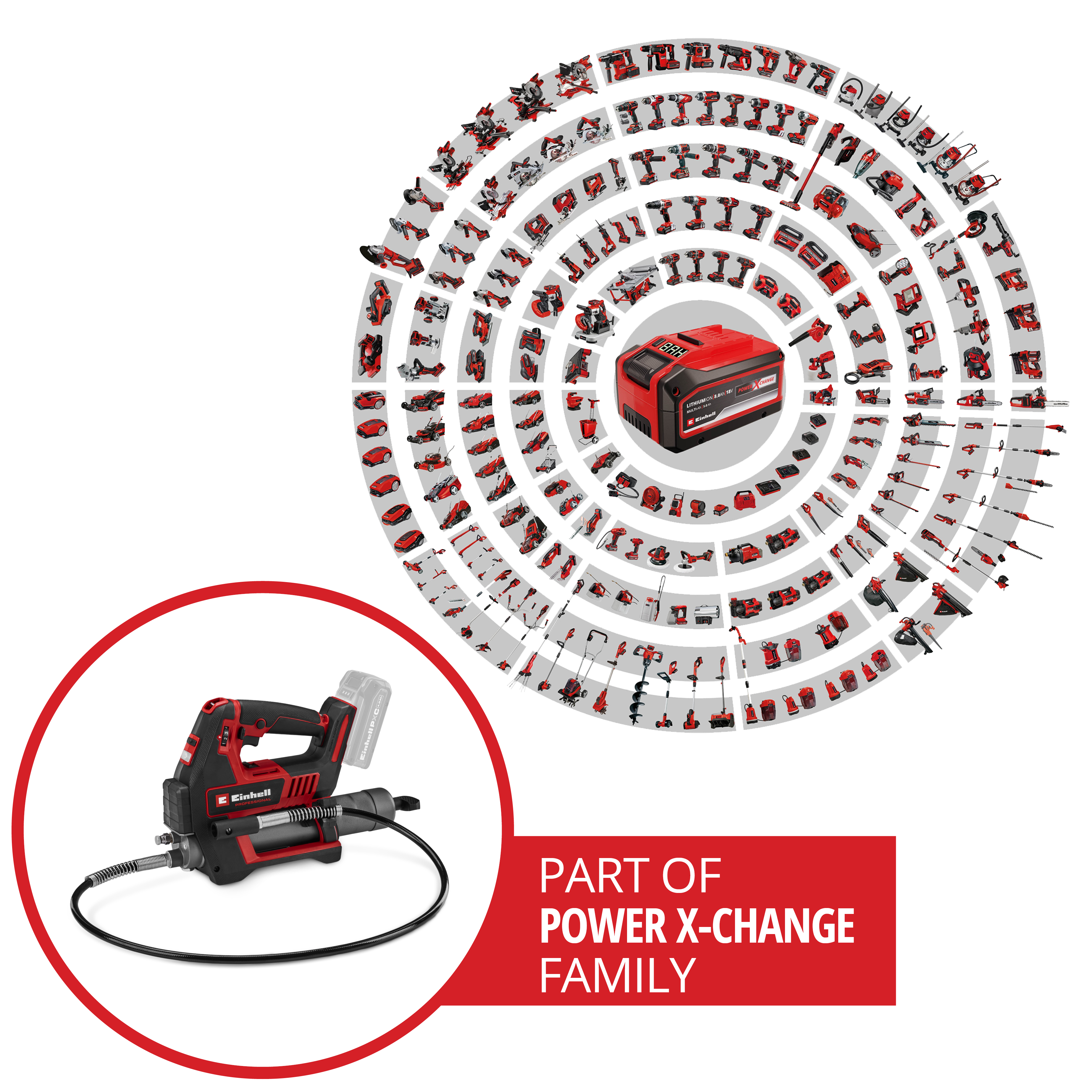 Eine rote und schwarze Akku-Fettpresse mit Schlauch, Teil der Power X-Change Familie.