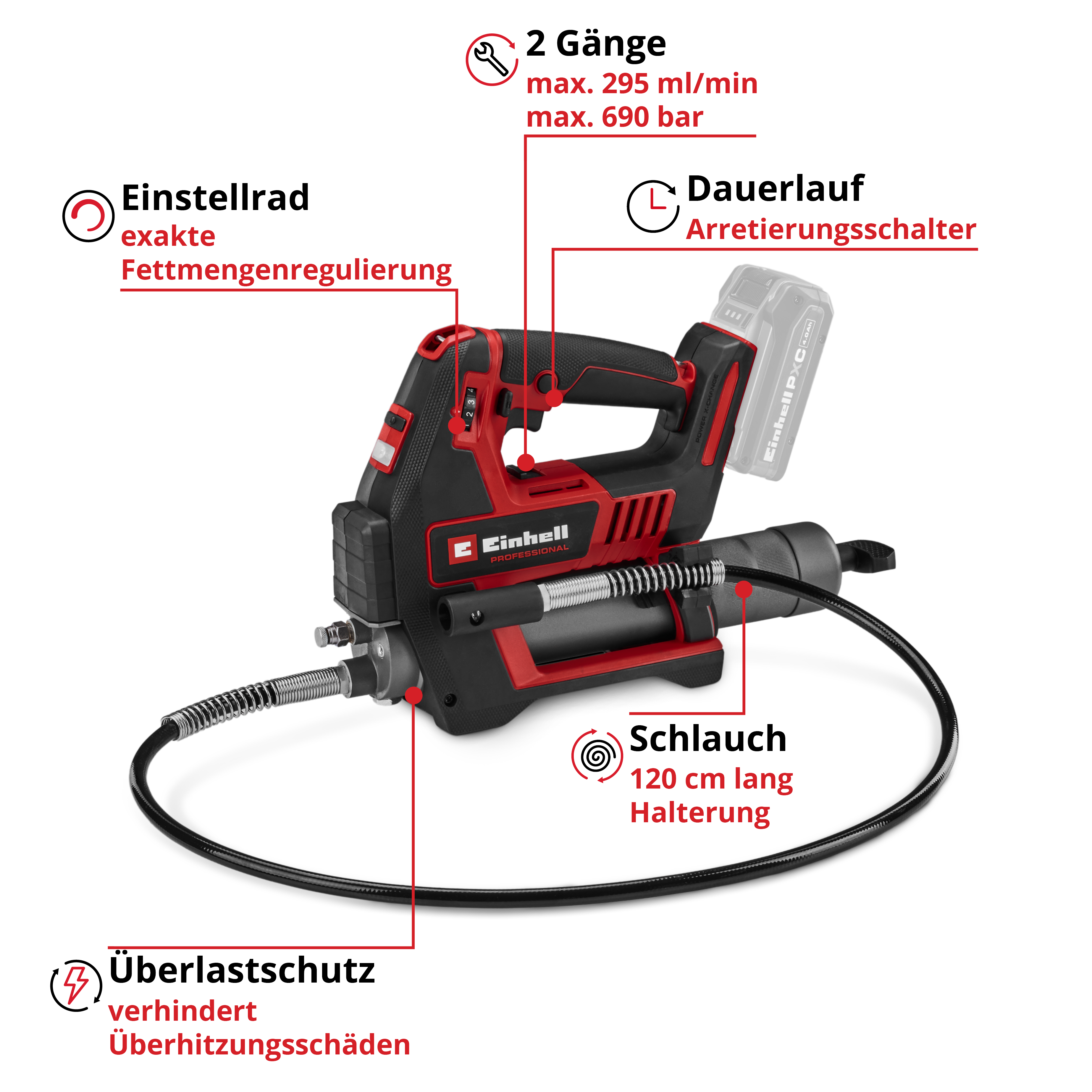 Rote und schwarze Fettpresse mit Schlauch, Akku und Bedienelementen.