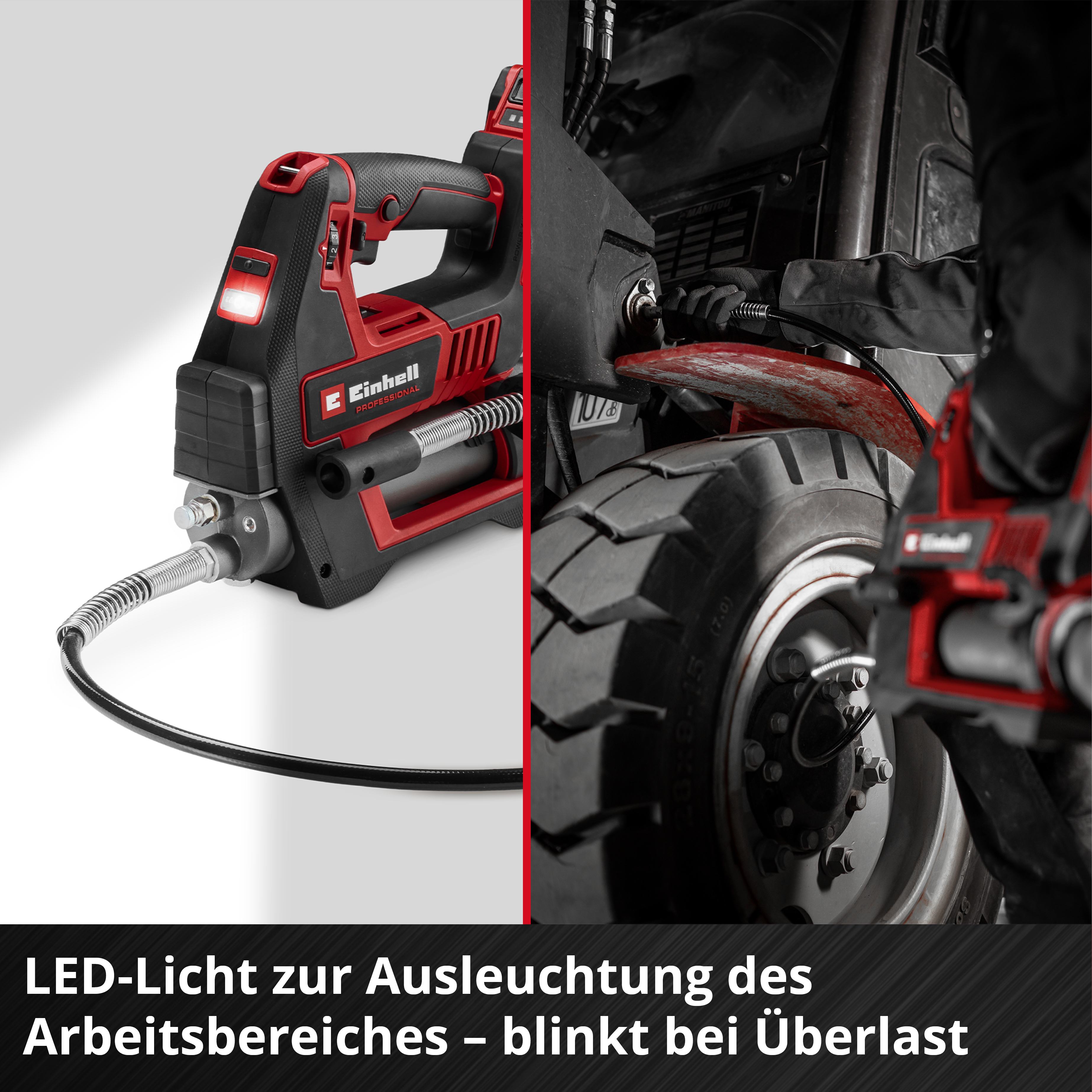 Rote und schwarze Akku-Fettpresse mit LED-Licht, Nahaufnahme eines Reifen.
