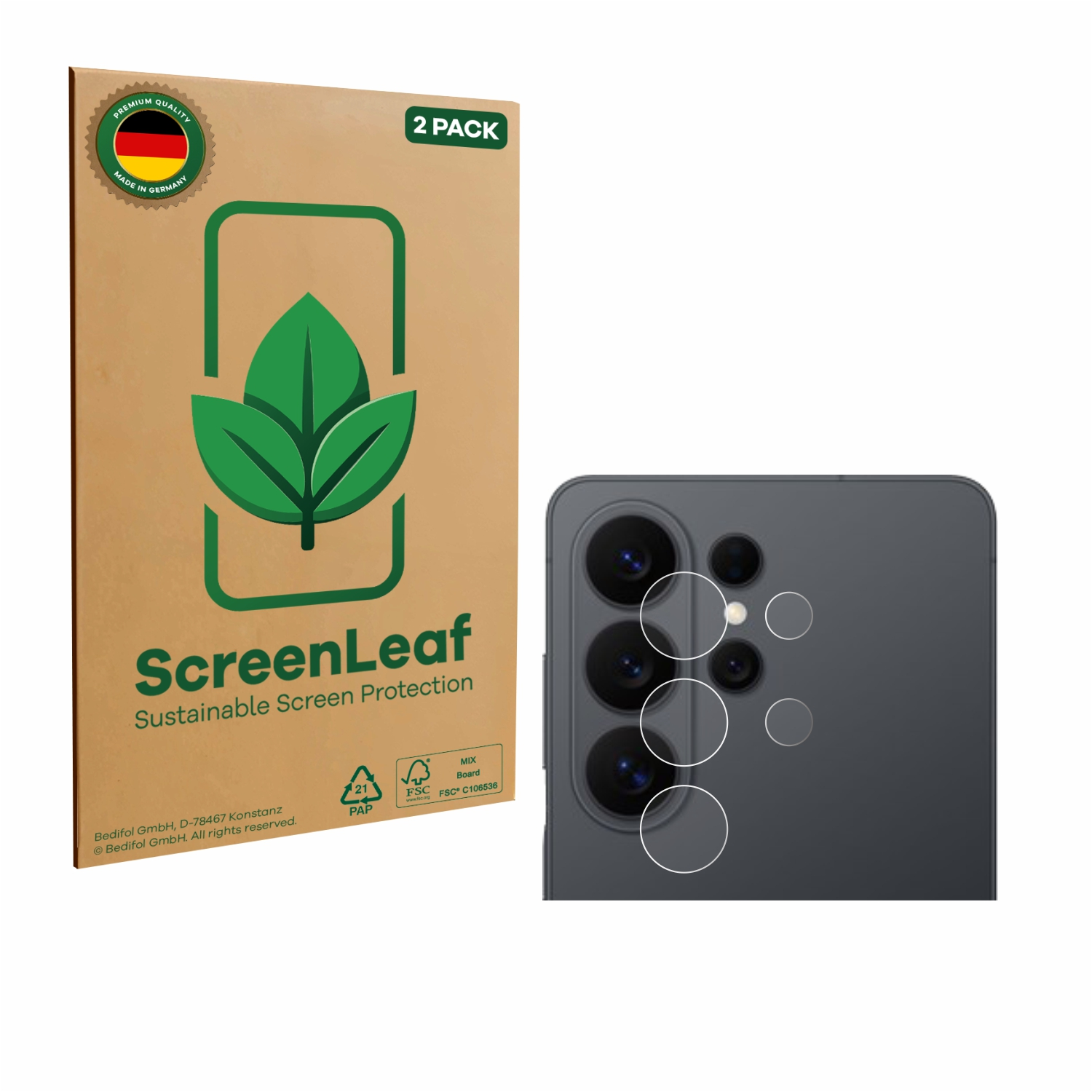 ScreenLeaf Schutzfolien-Packung neben einem Smartphone mit Kamera-Array.