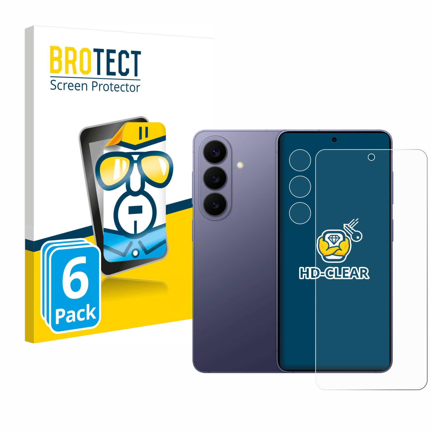Packung BROTECT Displayschutzfolie mit Handy in Lila und Schutzfolie daneben.