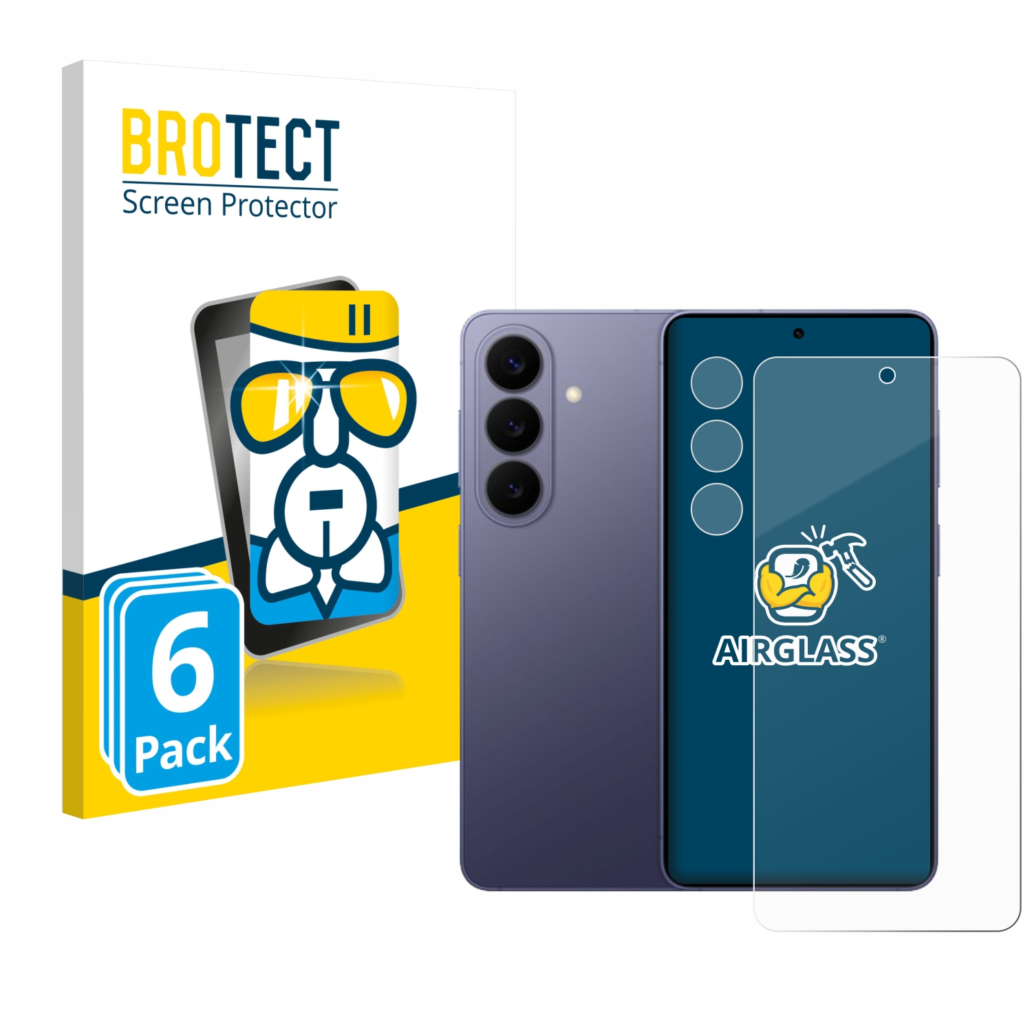 Packung mit 6 Displayschutzfolien für ein Smartphone, daneben ein lila Smartphone.