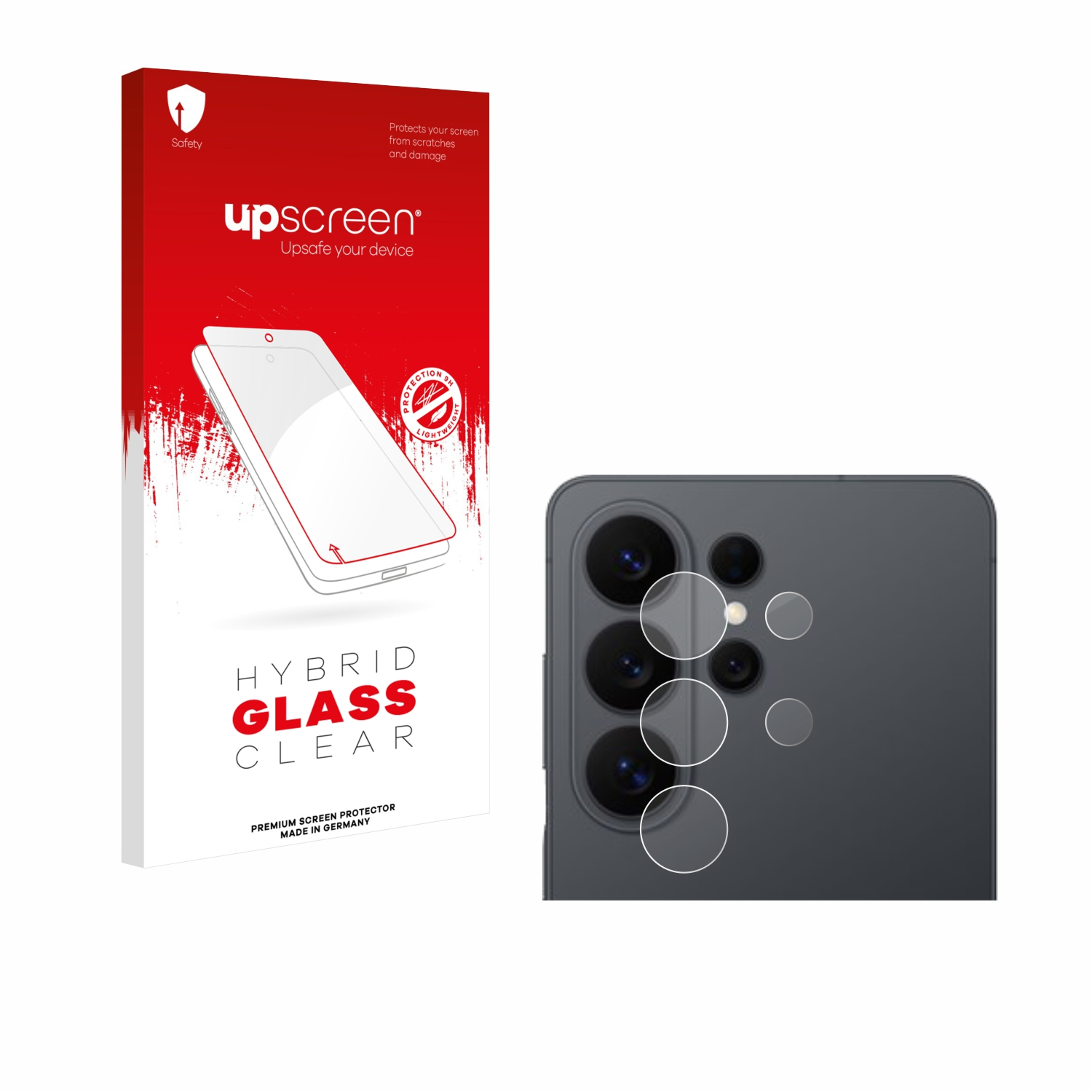 Verpackung für Displayschutzfolie und Rückseite eines Smartphones mit Kameras.