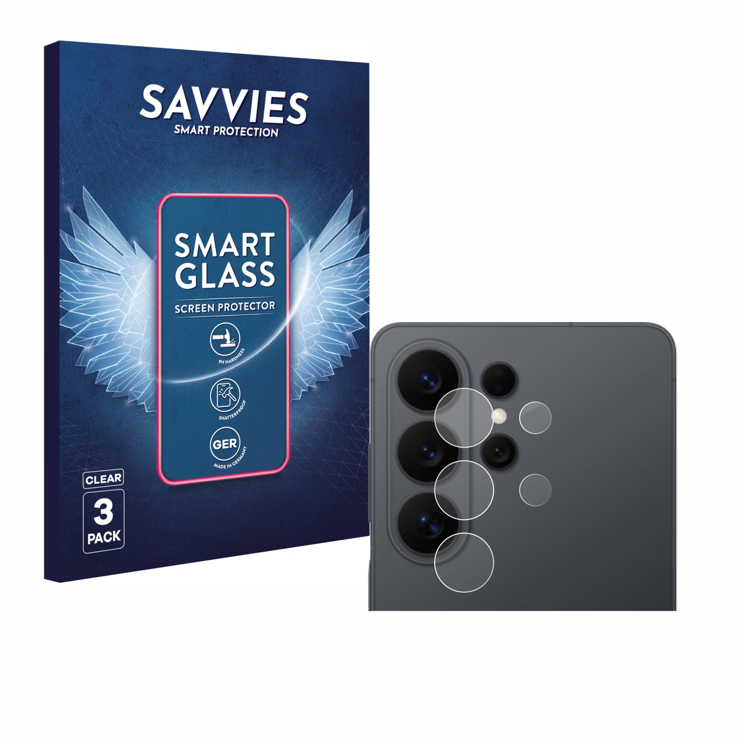 Verpackung für Savvies Smart Glass Displayschutzfolie neben einem Smartphone-Kameramodul.