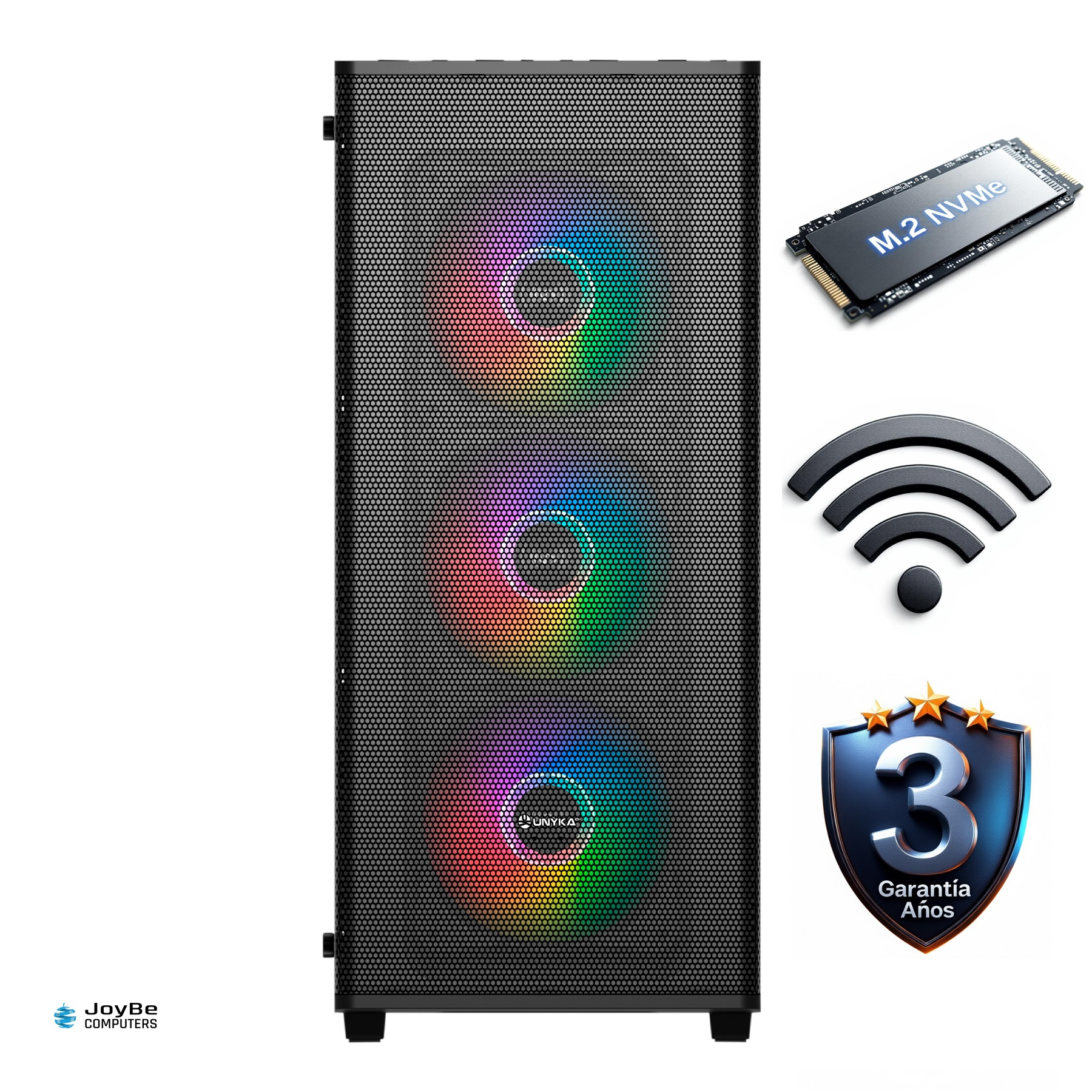 Una caja de PC negra con ventiladores RGB, un SSD M.2 NVMe, un símbolo WiFi y un escudo '3 Garantiá Años'.