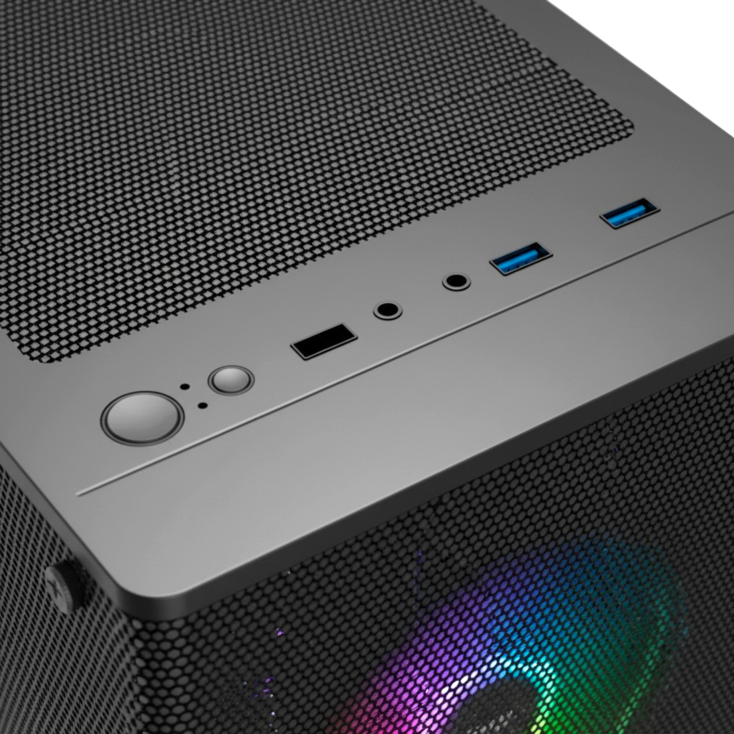 Una caja de PC negra con frontal de malla y ventilador iluminado.