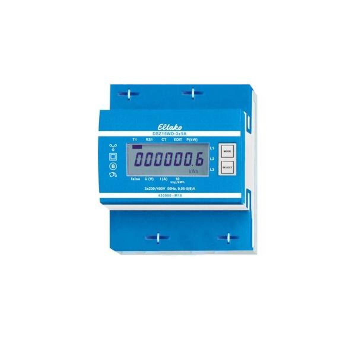 Contatore elettrico digitale blu Eltako con schermo LCD che mostra 000000.6 kWh.
